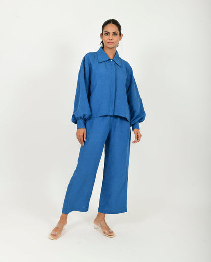 Blue Linen Co-ord Set by Rias Jaipur with Blue, Casual Wear, Co-ord Sets, Linen Blend, Natural, Relaxed Fit, Solids, Travel Co-ords, Womenswear, Yaadein, Yaadein by Rias Jaipur at Kamakhyaa for sustainable fashion