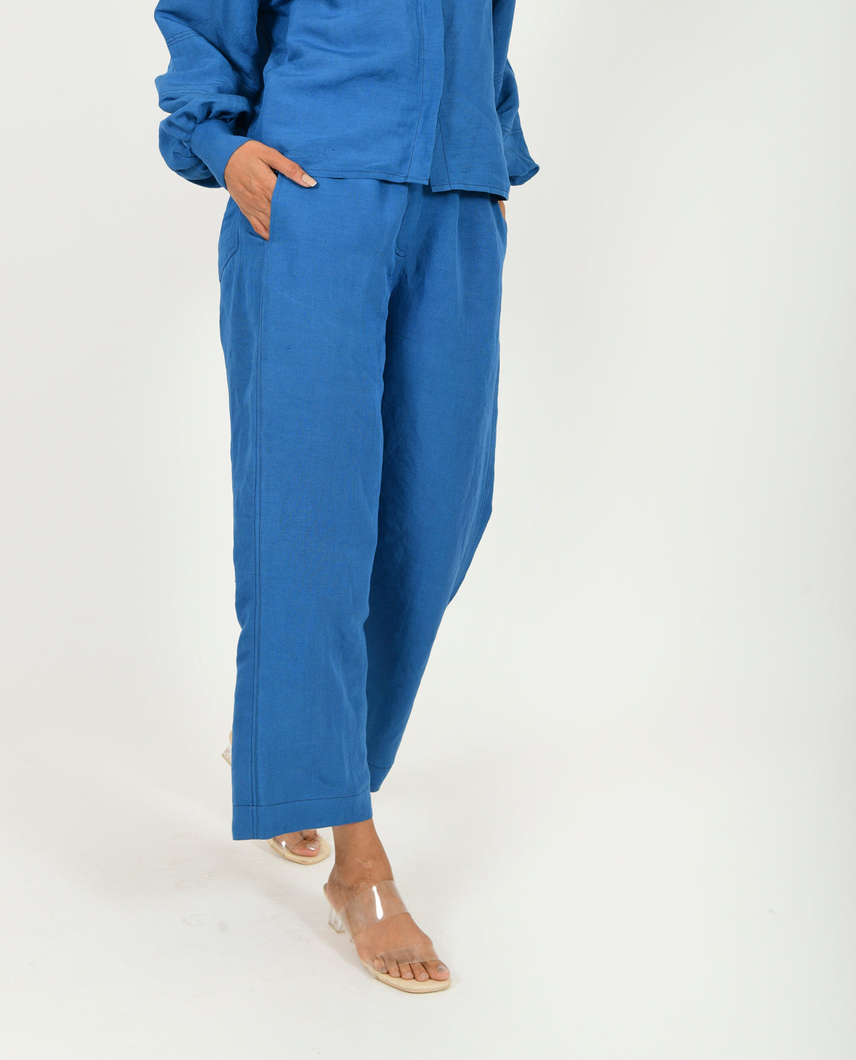 Blue Linen Pants by Rias Jaipur with Blue, Casual Wear, Linen Blend, Natural, Pants, Relaxed Fit, Solids, Womenswear, Yaadein, Yaadein by Rias Jaipur at Kamakhyaa for sustainable fashion