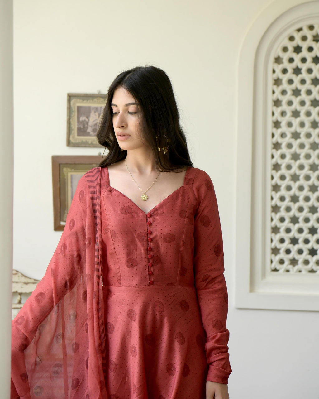 Red Chanderi Silk Kurta Set With Dupatta by Taro with Best Selling, Chiffon, Evening Wear, Gulzar by Taro, Indian Wear, July Sale, July Sale 2023, Kurta Pant Sets, Kurta Set With Dupatta, Natural, Prints, Red, Regular Fit, Womenswear at Kamakhyaa for sustainable fashion