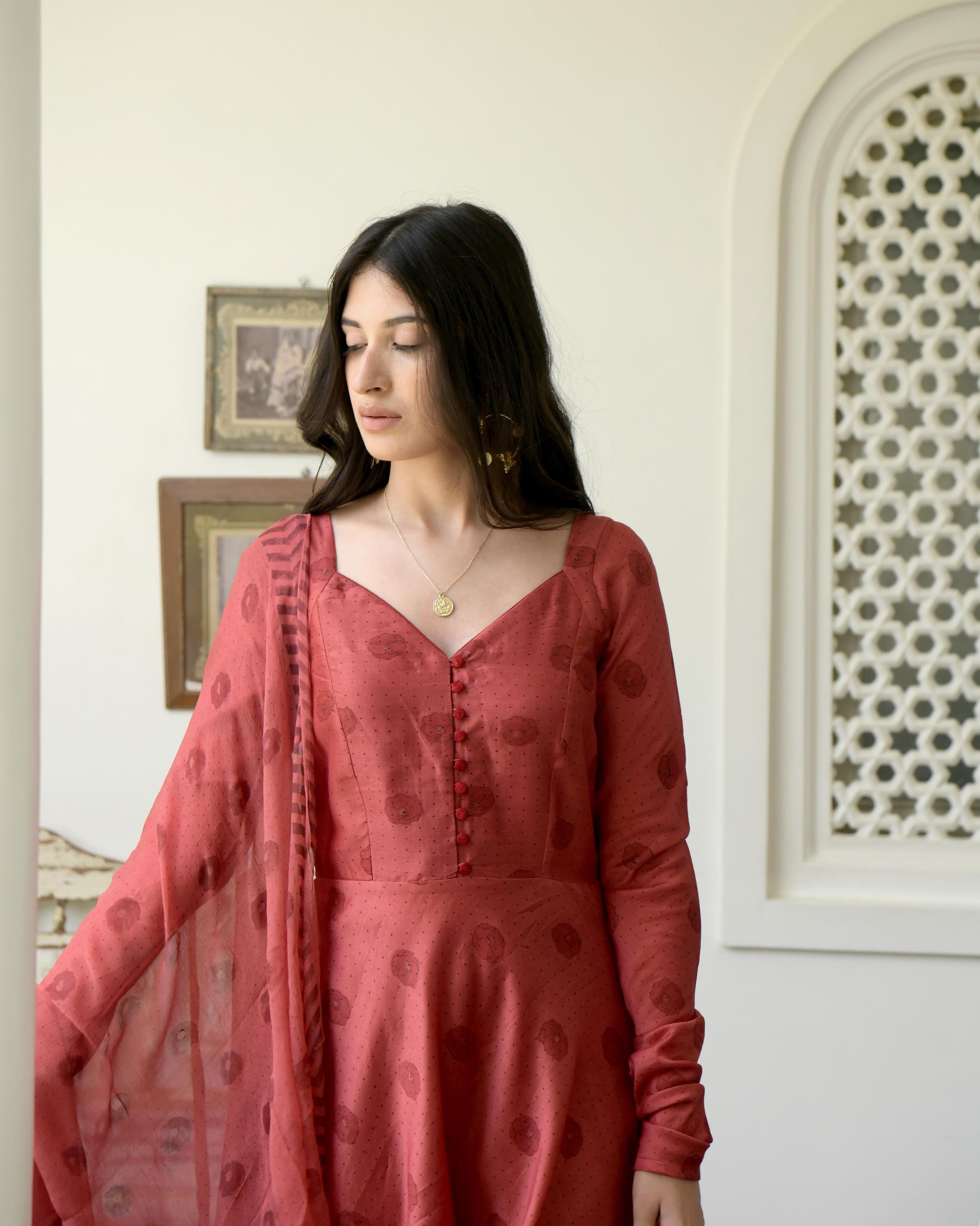 Red Chanderi Silk Kurta Set With Dupatta by Taro with Best Selling, Chiffon, Evening Wear, Gulzar by Taro, Indian Wear, July Sale, July Sale 2023, Kurta Pant Sets, Kurta Set With Dupatta, Natural, Prints, Red, Regular Fit, Womenswear at Kamakhyaa for sustainable fashion