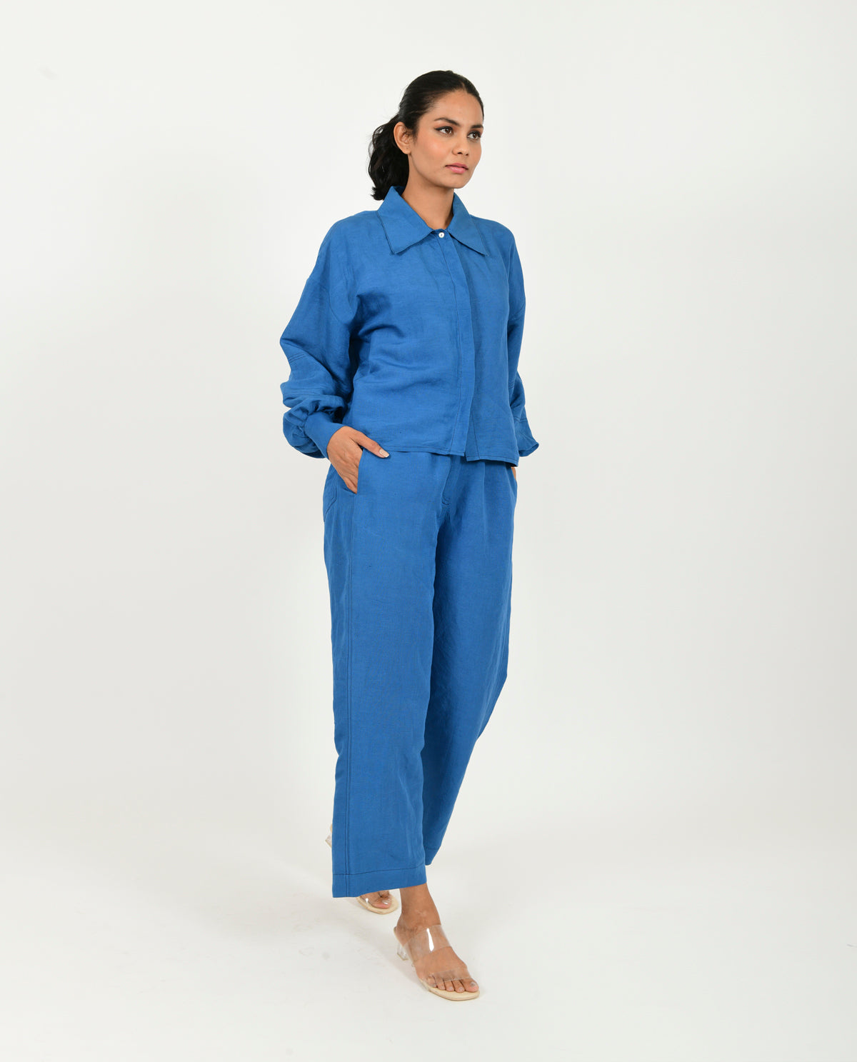 Blue Linen Co-ord Set by Rias Jaipur with Blue, Casual Wear, Co-ord Sets, Linen Blend, Natural, Relaxed Fit, Solids, Travel Co-ords, Womenswear, Yaadein, Yaadein by Rias Jaipur at Kamakhyaa for sustainable fashion