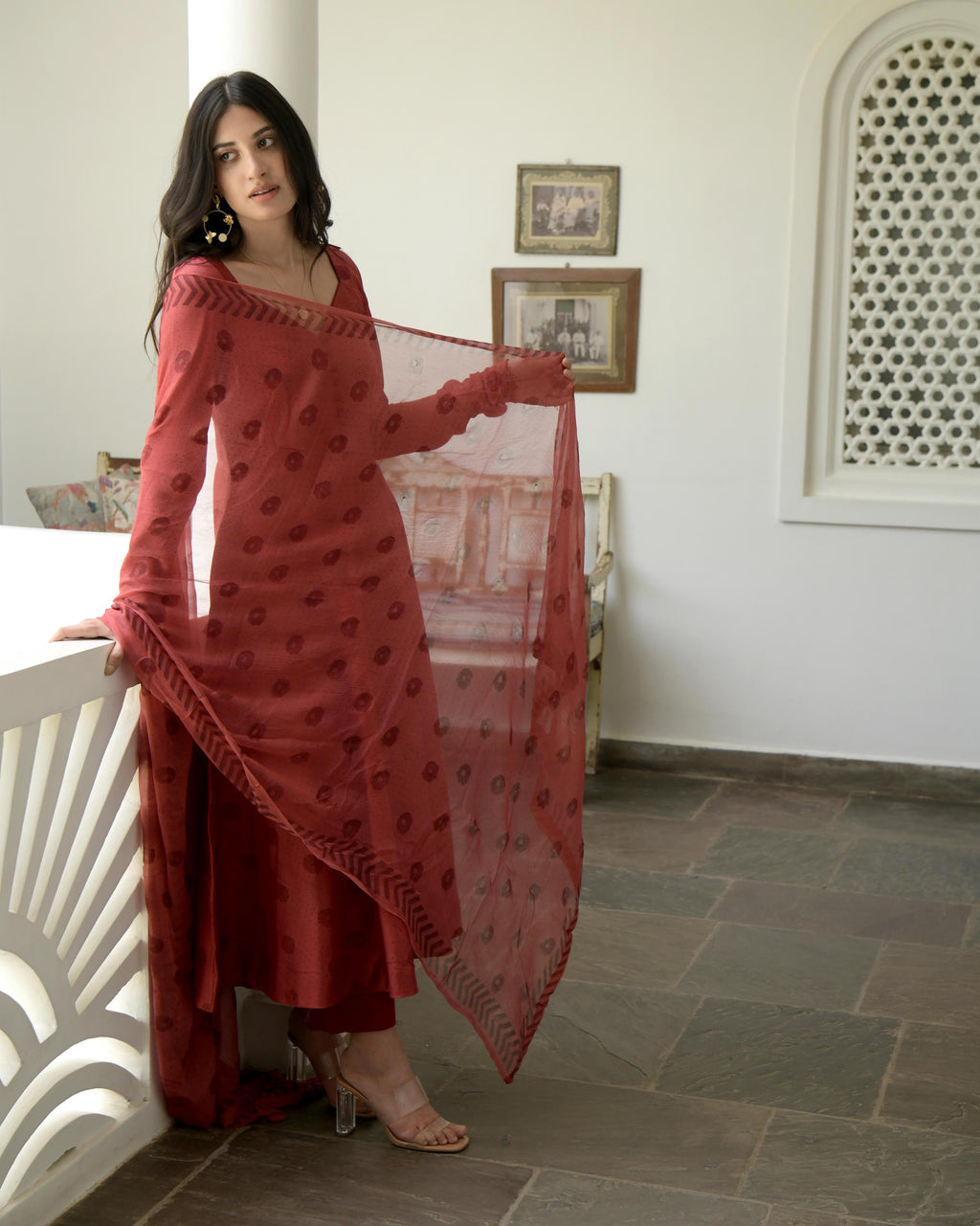 Red Chanderi Silk Kurta Set With Dupatta by Taro with Best Selling, Chiffon, Evening Wear, Gulzar by Taro, Indian Wear, July Sale, July Sale 2023, Kurta Pant Sets, Kurta Set With Dupatta, Natural, Prints, Red, Regular Fit, Womenswear at Kamakhyaa for sustainable fashion