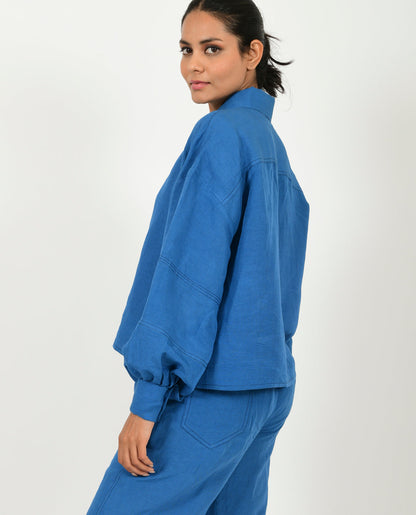 Blue Linen Bell Shirt by Rias Jaipur with Blue, Casual Wear, Linen Blend, Natural, Relaxed Fit, Shirts, Solids, Womenswear, Yaadein, Yaadein by Rias Jaipur at Kamakhyaa for sustainable fashion