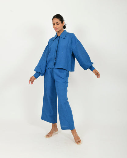 Blue Linen Co-ord Set by Rias Jaipur with Blue, Casual Wear, Co-ord Sets, Linen Blend, Natural, Relaxed Fit, Solids, Travel Co-ords, Womenswear, Yaadein, Yaadein by Rias Jaipur at Kamakhyaa for sustainable fashion