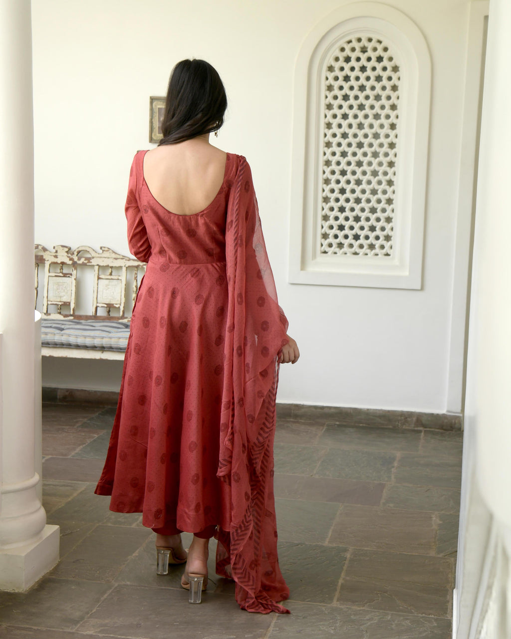 Red Chanderi Silk Kurta Set With Dupatta by Taro with Best Selling, Chiffon, Evening Wear, Gulzar by Taro, Indian Wear, July Sale, July Sale 2023, Kurta Pant Sets, Kurta Set With Dupatta, Natural, Prints, Red, Regular Fit, Womenswear at Kamakhyaa for sustainable fashion