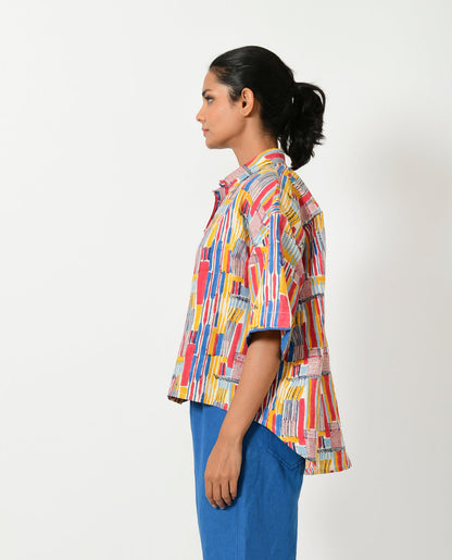 Multicolor Hand Block Linen Crop Shirt by Rias Jaipur with Block Prints, Casual Wear, Linen Blend, Multicolor, Natural, Relaxed Fit, Scribble Prints, Shirts, Womenswear, Yaadein, Yaadein by Rias Jaipur at Kamakhyaa for sustainable fashion