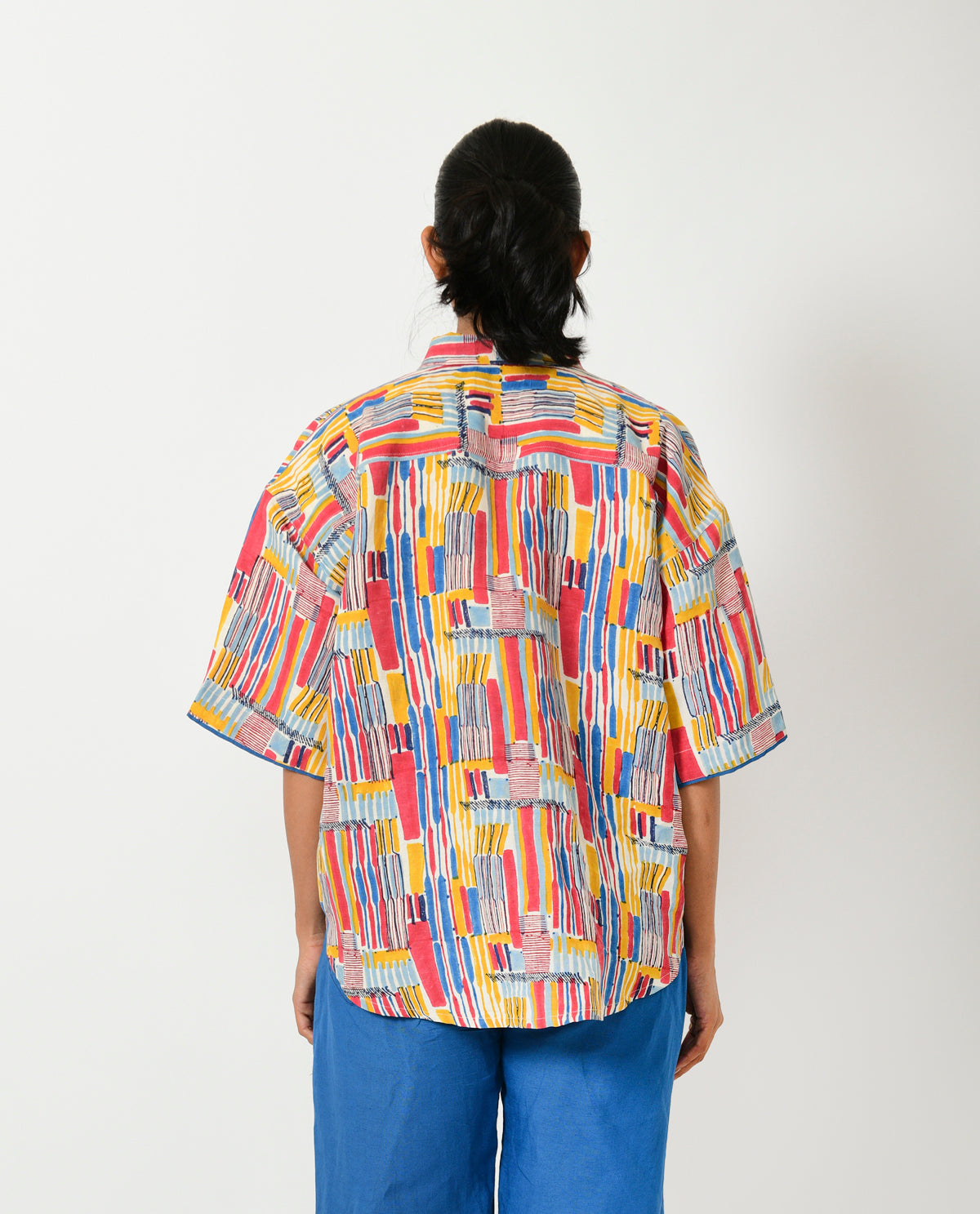 Multicolor Hand Block Linen Crop Shirt by Rias Jaipur with Block Prints, Casual Wear, Linen Blend, Multicolor, Natural, Relaxed Fit, Scribble Prints, Shirts, Womenswear, Yaadein, Yaadein by Rias Jaipur at Kamakhyaa for sustainable fashion