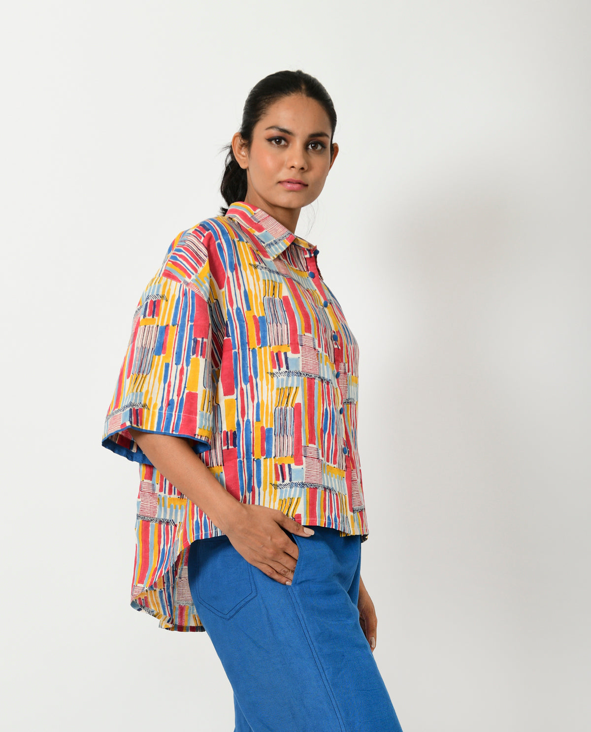 Multicolor Hand Block Linen Crop Shirt by Rias Jaipur with Block Prints, Casual Wear, Linen Blend, Multicolor, Natural, Relaxed Fit, Scribble Prints, Shirts, Womenswear, Yaadein, Yaadein by Rias Jaipur at Kamakhyaa for sustainable fashion