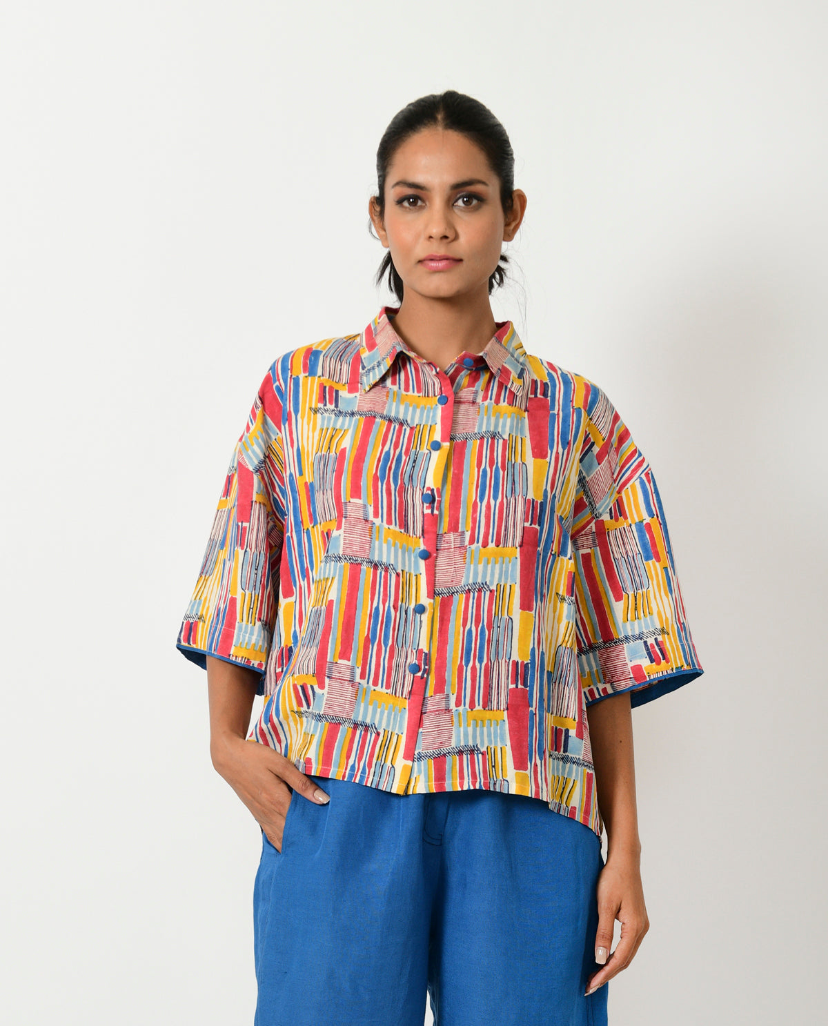 Multicolor Hand Block Linen Crop Shirt by Rias Jaipur with Block Prints, Casual Wear, Linen Blend, Multicolor, Natural, Relaxed Fit, Scribble Prints, Shirts, Womenswear, Yaadein, Yaadein by Rias Jaipur at Kamakhyaa for sustainable fashion