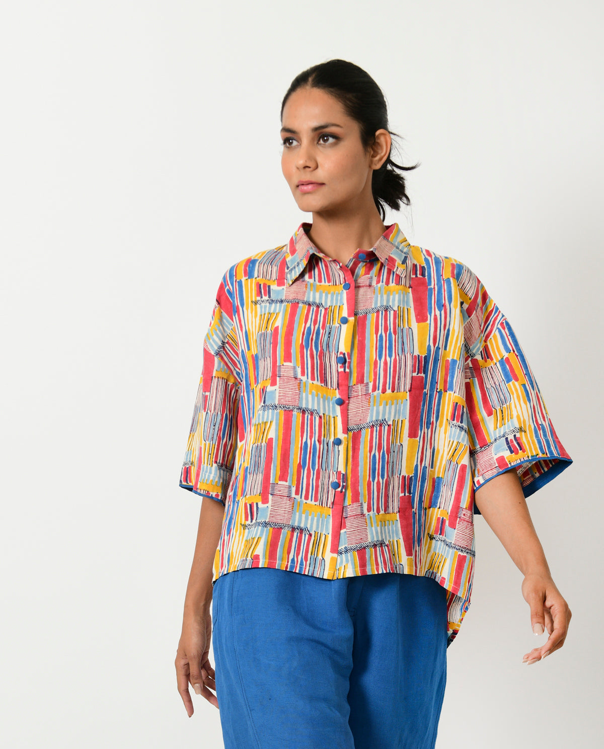 Multicolor Hand Block Linen Crop Shirt by Rias Jaipur with Block Prints, Casual Wear, Linen Blend, Multicolor, Natural, Relaxed Fit, Scribble Prints, Shirts, Womenswear, Yaadein, Yaadein by Rias Jaipur at Kamakhyaa for sustainable fashion