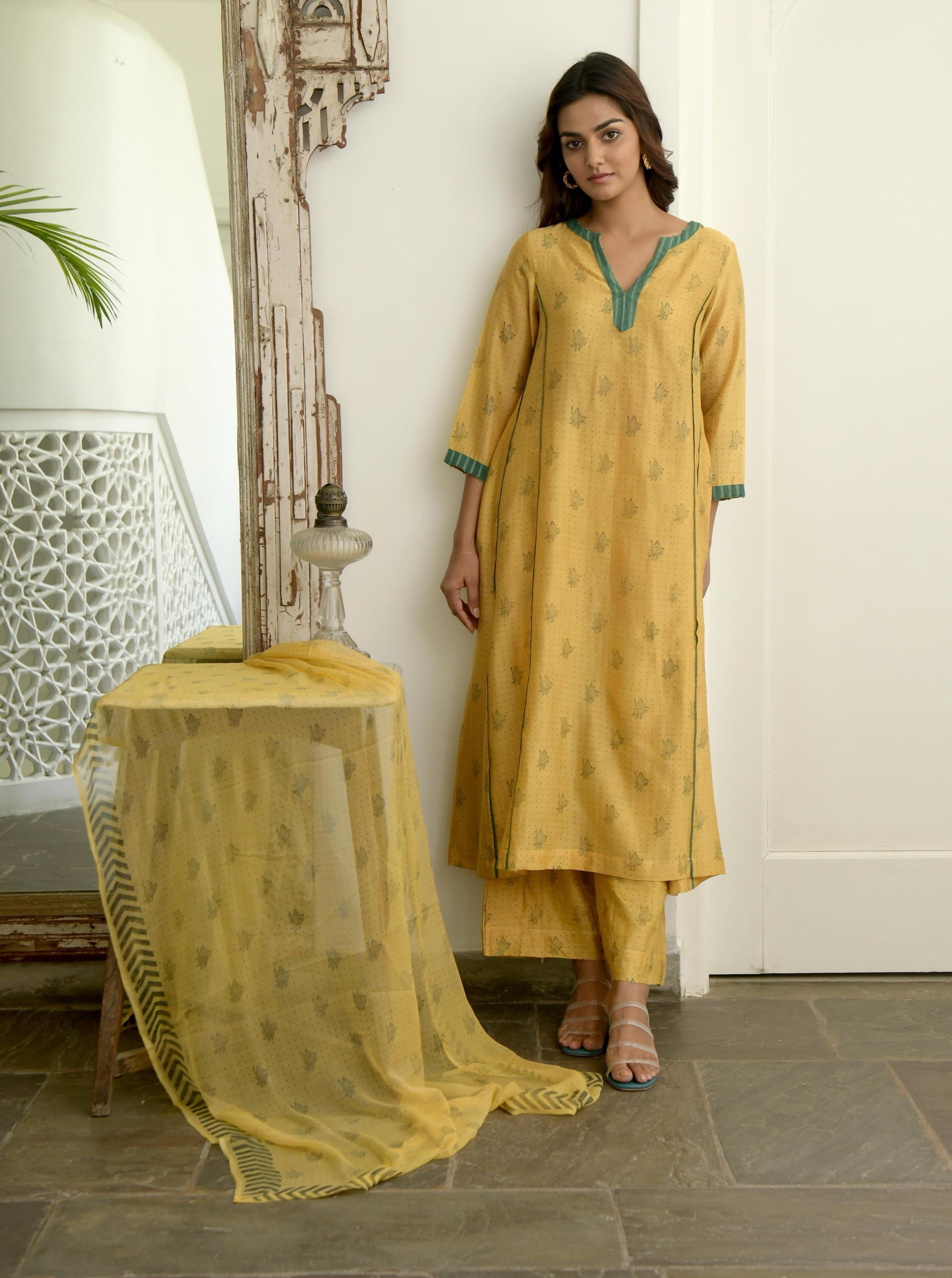 Yellow Chanderi Silk Kurta Set With Dupatta by Taro with Evening Wear, Gulzar by Taro, Handwoven Chanderi silk, Indian Wear, July Sale, July Sale 2023, Kurta Pant Sets, Kurta Set With Dupatta, Natural, Prints, Regular Fit, Womenswear, Yellow at Kamakhyaa for sustainable fashion