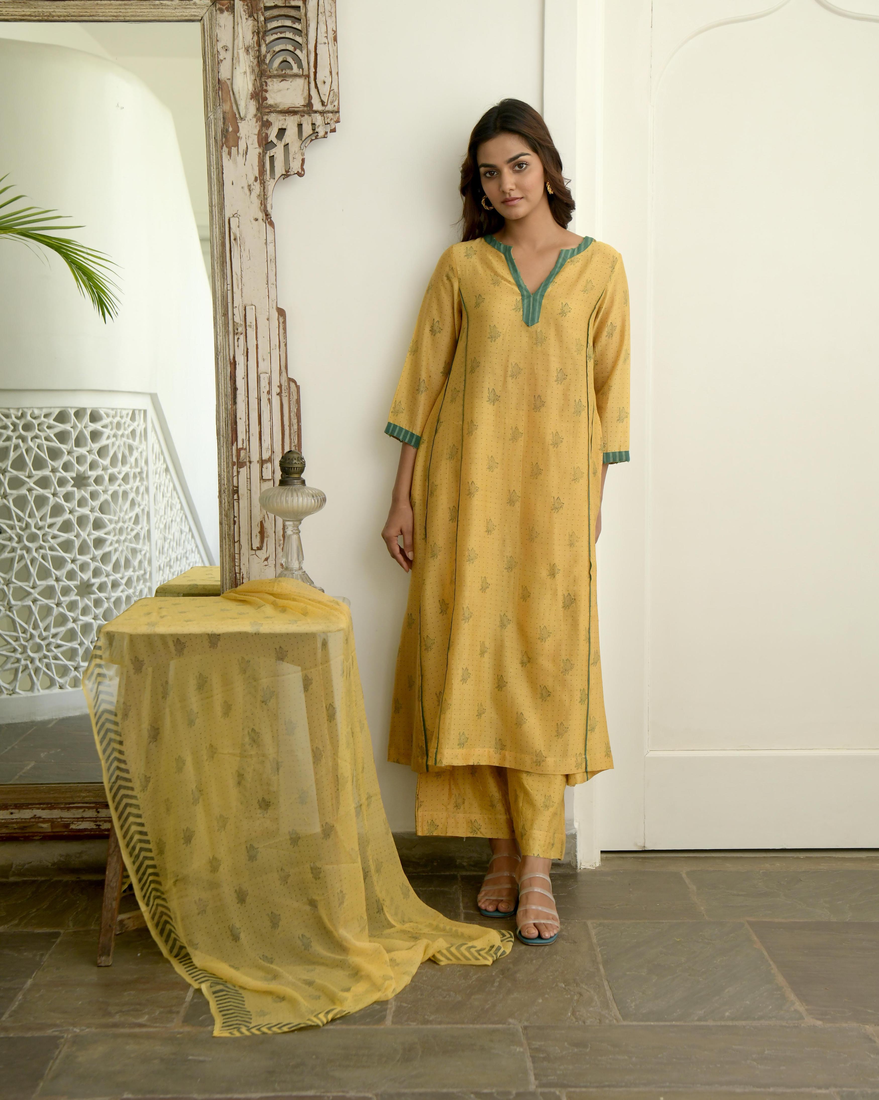 Yellow Chanderi Silk Kurta Set With Dupatta by Taro with Evening Wear, Gulzar by Taro, Handwoven Chanderi silk, Indian Wear, July Sale, July Sale 2023, Kurta Pant Sets, Kurta Set With Dupatta, Natural, Prints, Regular Fit, Womenswear, Yellow at Kamakhyaa for sustainable fashion