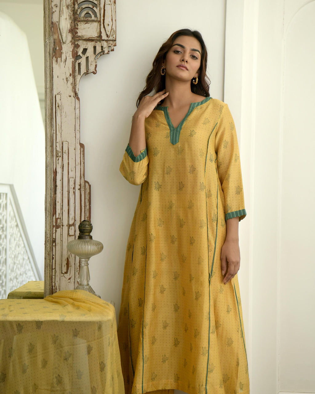 Yellow Chanderi Silk Kurta Set With Dupatta by Taro with Evening Wear, Gulzar by Taro, Handwoven Chanderi silk, Indian Wear, July Sale, July Sale 2023, Kurta Pant Sets, Kurta Set With Dupatta, Natural, Prints, Regular Fit, Womenswear, Yellow at Kamakhyaa for sustainable fashion