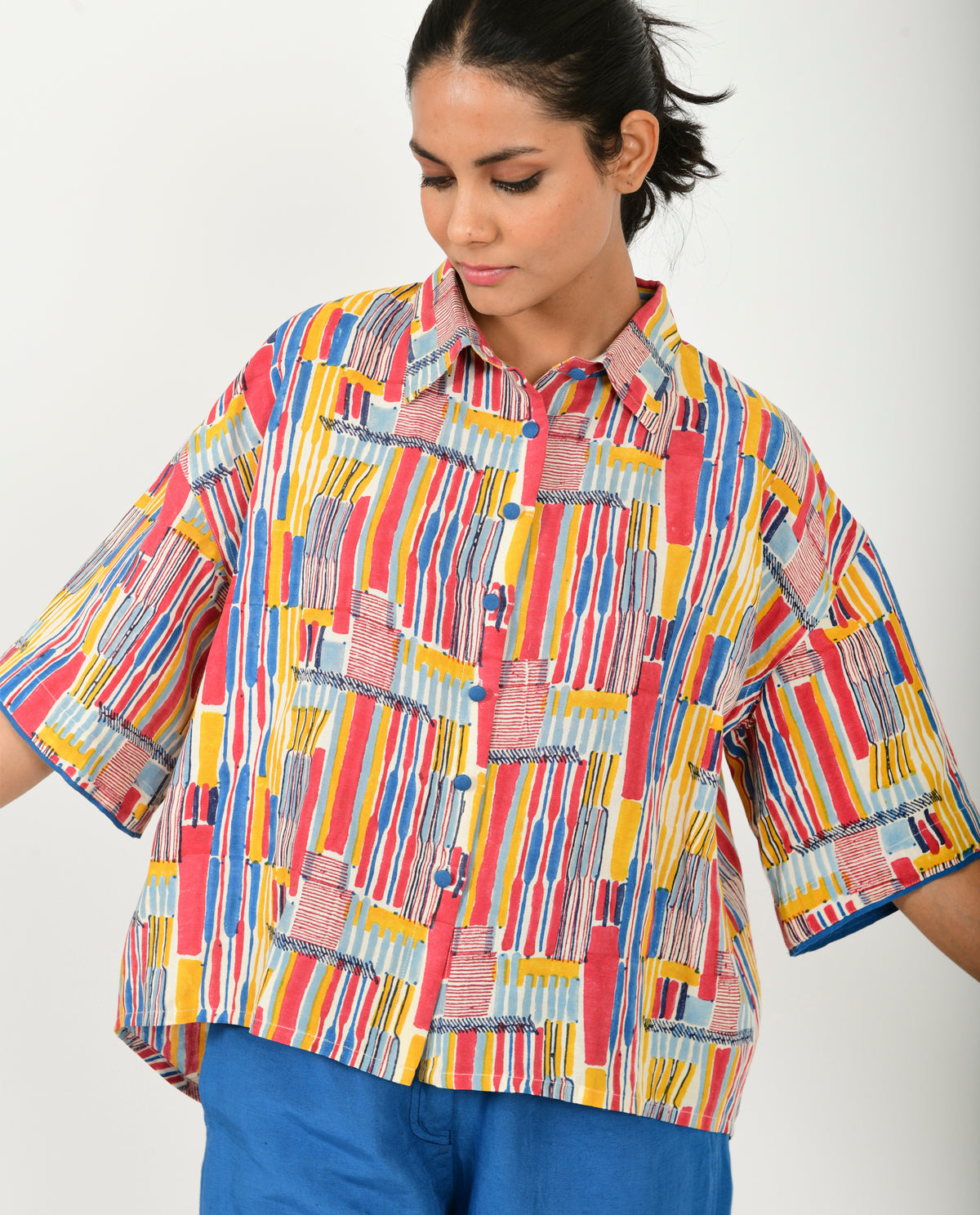 Multicolor Hand Block Linen Crop Shirt by Rias Jaipur with Block Prints, Casual Wear, Linen Blend, Multicolor, Natural, Relaxed Fit, Scribble Prints, Shirts, Womenswear, Yaadein, Yaadein by Rias Jaipur at Kamakhyaa for sustainable fashion