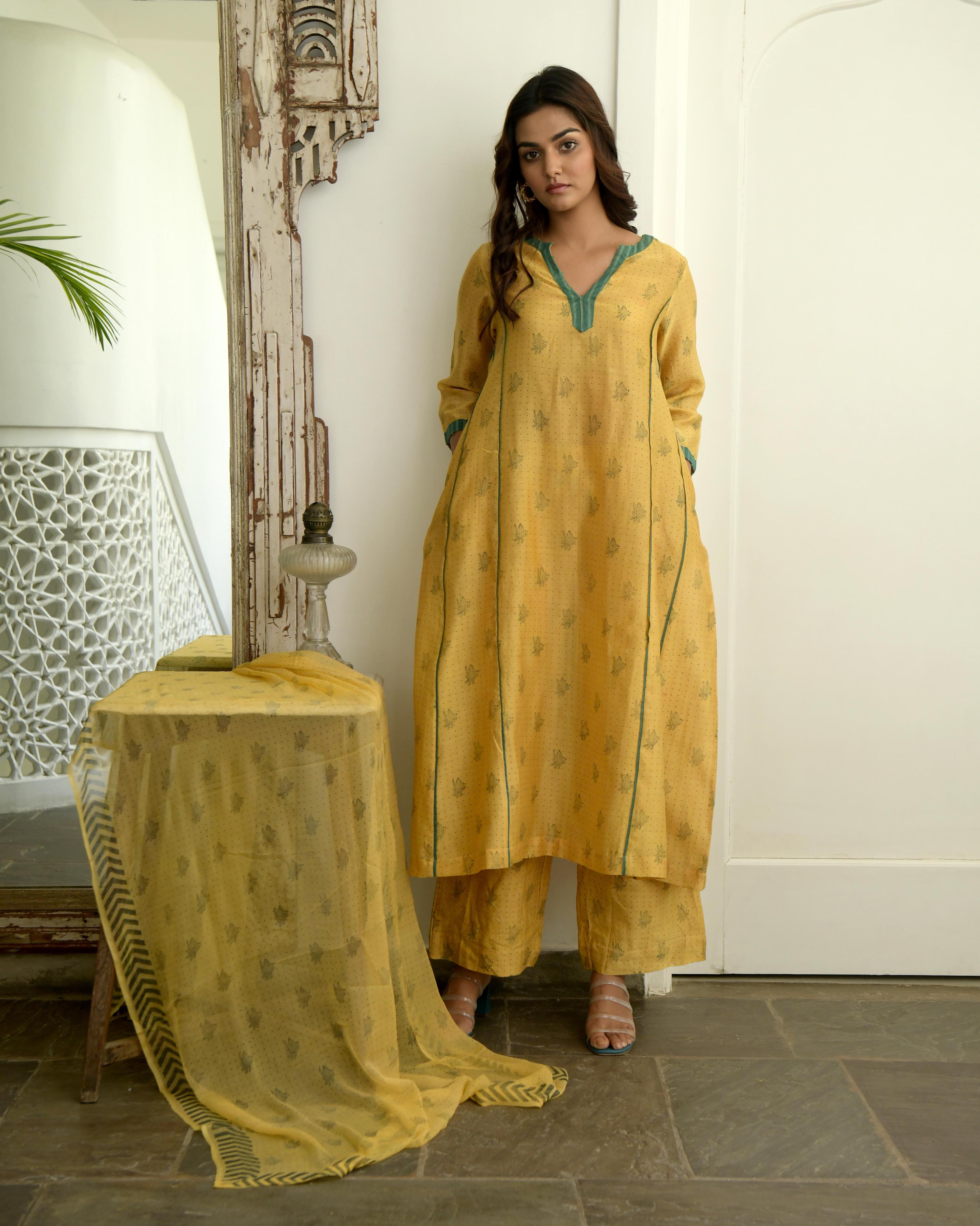 Yellow Chanderi Silk Kurta Set With Dupatta by Taro with Evening Wear, Gulzar by Taro, Handwoven Chanderi silk, Indian Wear, July Sale, July Sale 2023, Kurta Pant Sets, Kurta Set With Dupatta, Natural, Prints, Regular Fit, Womenswear, Yellow at Kamakhyaa for sustainable fashion