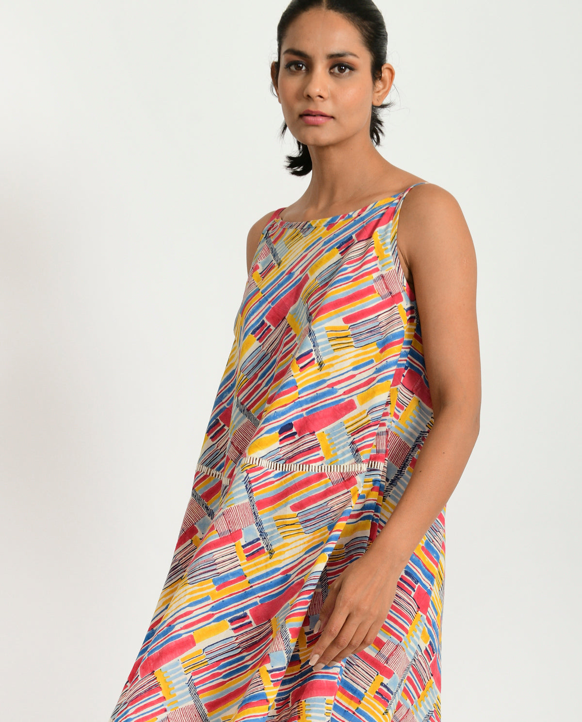 Cotton Hand Block Printed Maxi Dress by Rias Jaipur with 100% Organic Cotton, Block Prints, Casual Wear, Maxi Dresses, Multicolor, Natural, Relaxed Fit, Scribble Prints, Sleeveless Dresses, Womenswear, Yaadein, Yaadein by Rias Jaipur at Kamakhyaa for sustainable fashion