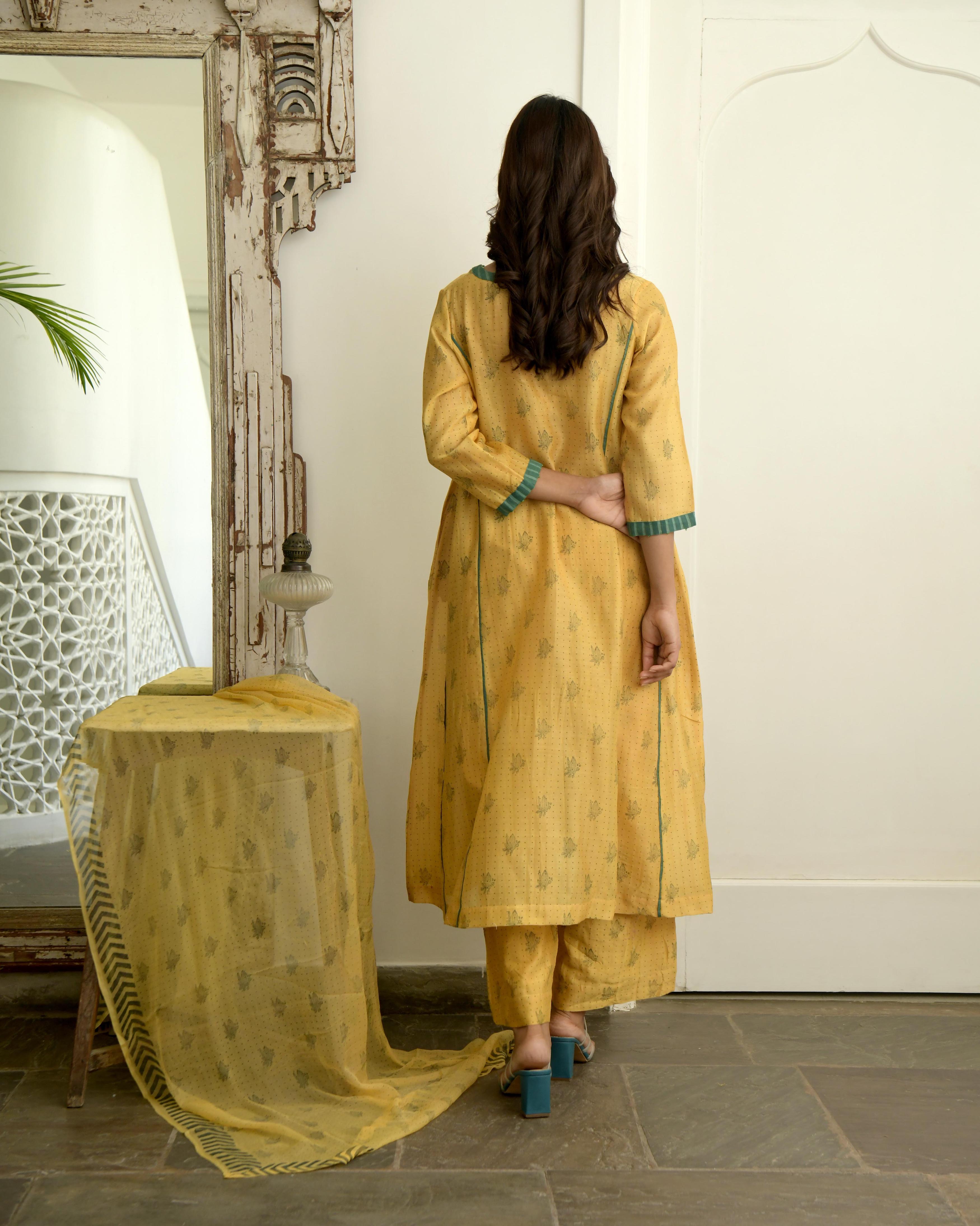 Yellow Chanderi Silk Kurta Set With Dupatta by Taro with Evening Wear, Gulzar by Taro, Handwoven Chanderi silk, Indian Wear, July Sale, July Sale 2023, Kurta Pant Sets, Kurta Set With Dupatta, Natural, Prints, Regular Fit, Womenswear, Yellow at Kamakhyaa for sustainable fashion