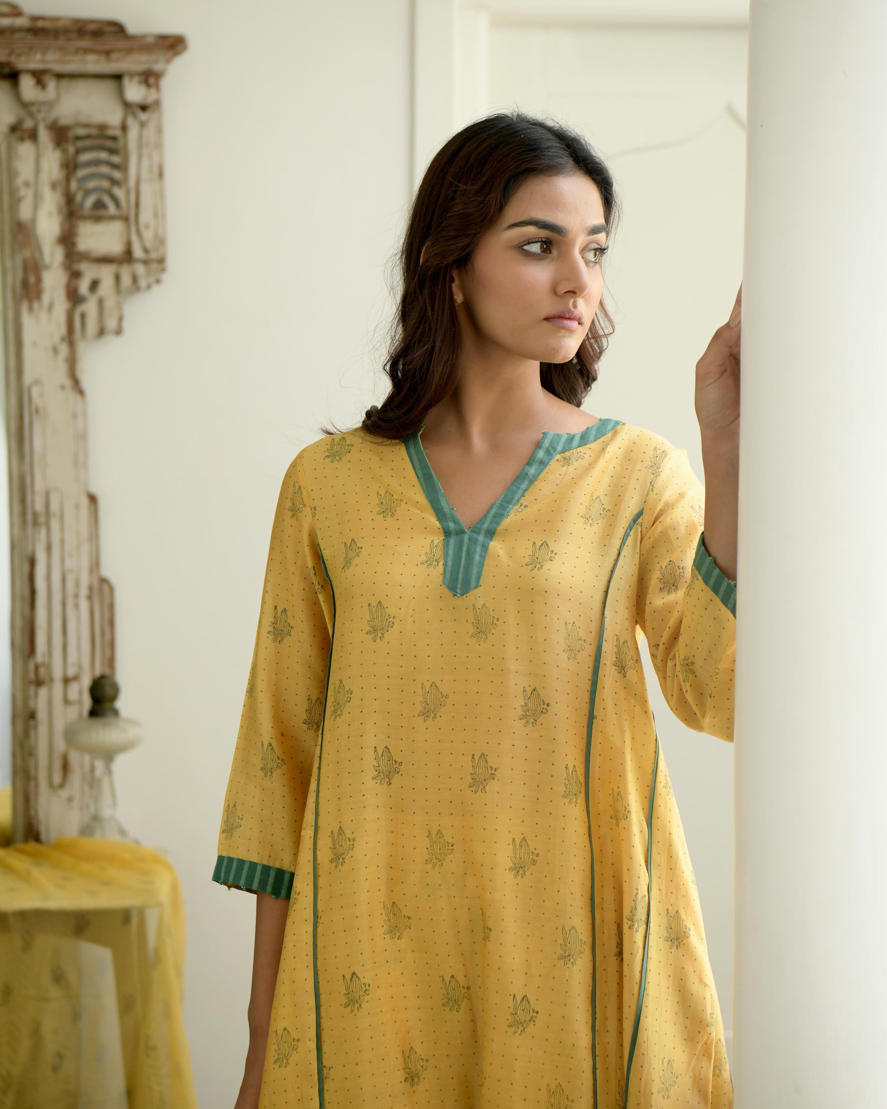 Yellow Chanderi Silk Kurta Set With Dupatta by Taro with Evening Wear, Gulzar by Taro, Handwoven Chanderi silk, Indian Wear, July Sale, July Sale 2023, Kurta Pant Sets, Kurta Set With Dupatta, Natural, Prints, Regular Fit, Womenswear, Yellow at Kamakhyaa for sustainable fashion