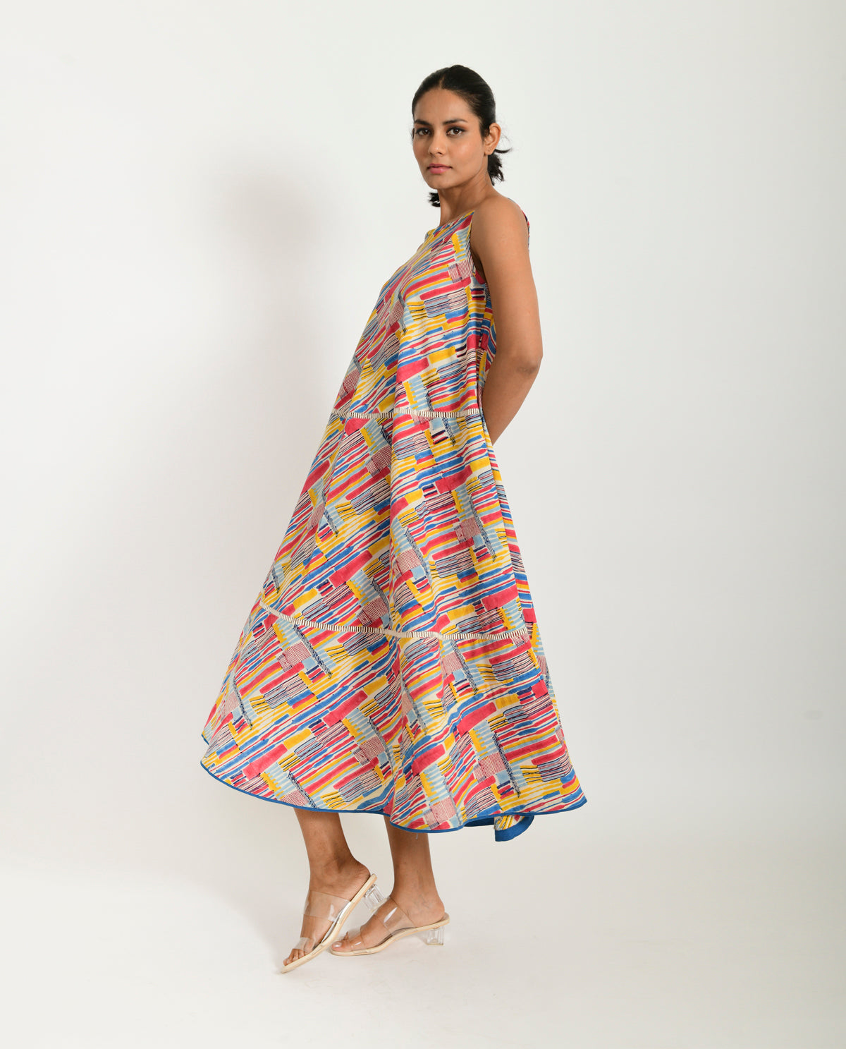 Cotton Hand Block Printed Maxi Dress by Rias Jaipur with 100% Organic Cotton, Block Prints, Casual Wear, Maxi Dresses, Multicolor, Natural, Relaxed Fit, Scribble Prints, Sleeveless Dresses, Womenswear, Yaadein, Yaadein by Rias Jaipur at Kamakhyaa for sustainable fashion