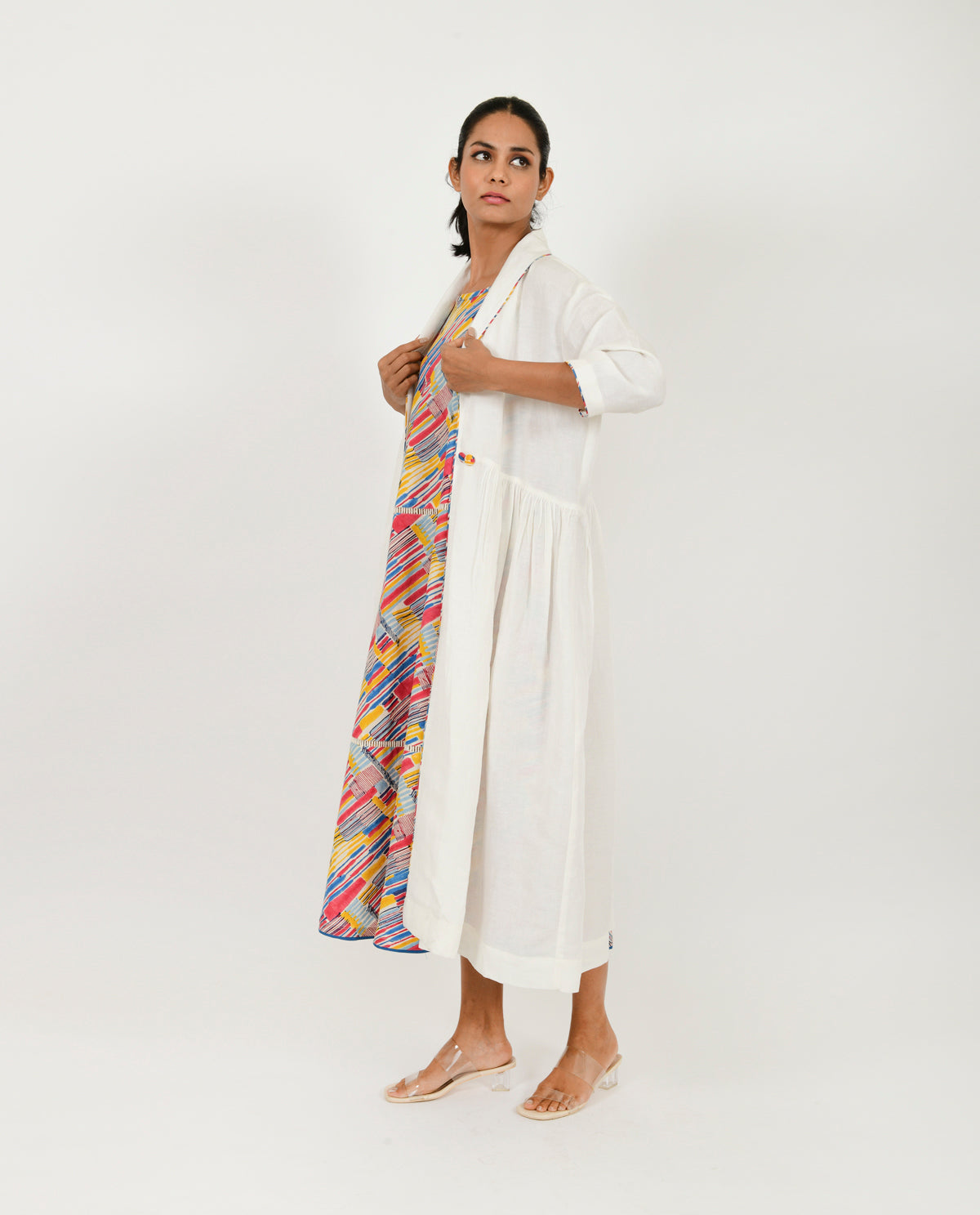 Block Printed Dress & White Jacket Set by Rias Jaipur with Block Prints, Casual Wear, Dress Sets, Linen Blend, Multicolor, Natural, Relaxed Fit, Scribble Prints, Womenswear, Yaadein, Yaadein by Rias Jaipur at Kamakhyaa for sustainable fashion