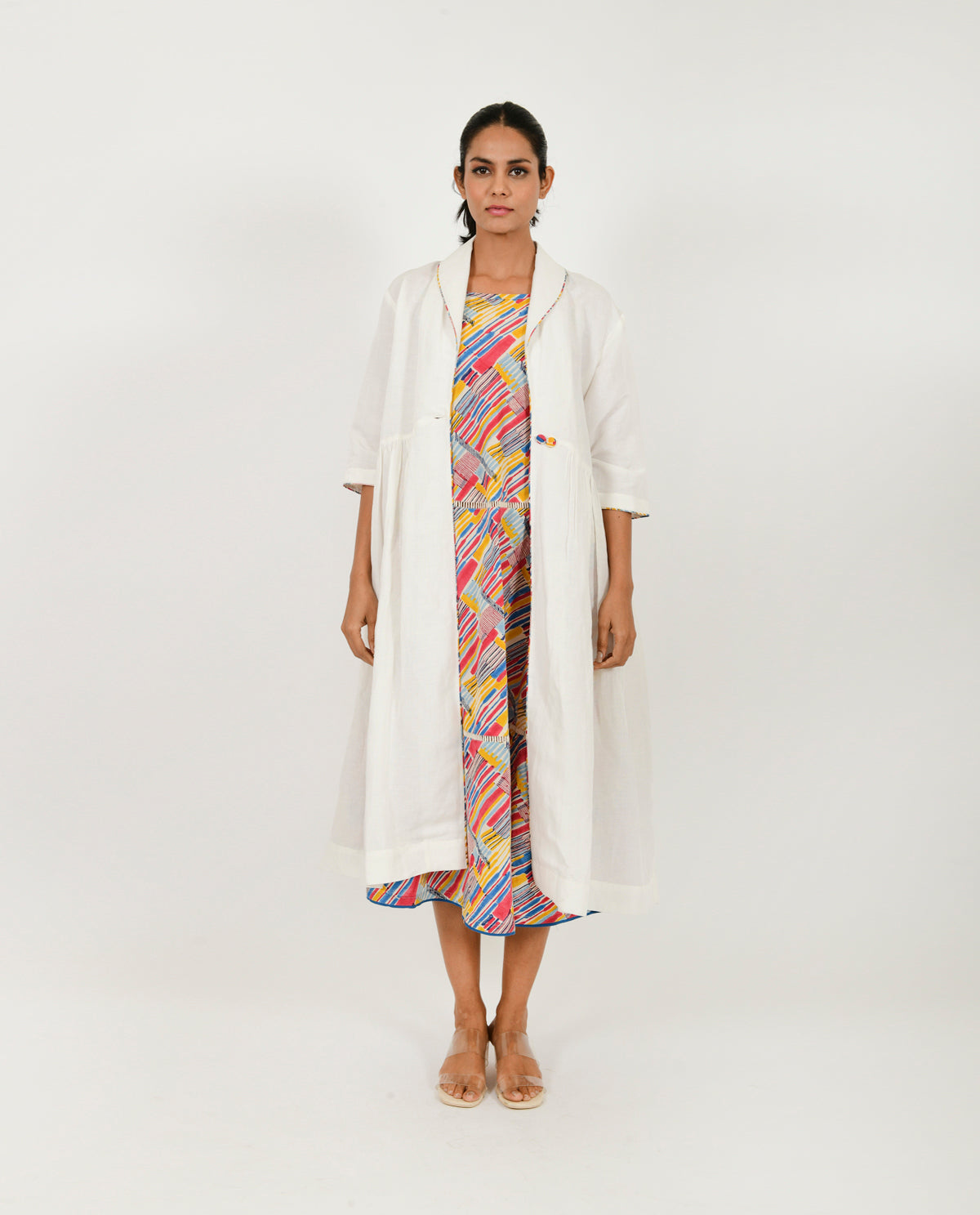 Multicolor Slip/Jacket Set at Kamakhyaa by Rias Jaipur. This item is Block Prints, Casual Wear, Dress Sets, Linen Blend, Multicolor, Natural, Relaxed Fit, Scribble Prints, Womenswear, Yaadein