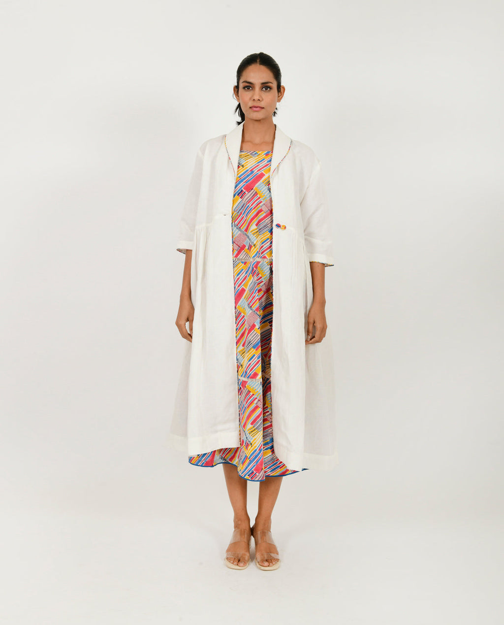 Block Printed Dress & White Jacket Set by Rias Jaipur with Block Prints, Casual Wear, Dress Sets, Linen Blend, Multicolor, Natural, Relaxed Fit, Scribble Prints, Womenswear, Yaadein, Yaadein by Rias Jaipur at Kamakhyaa for sustainable fashion