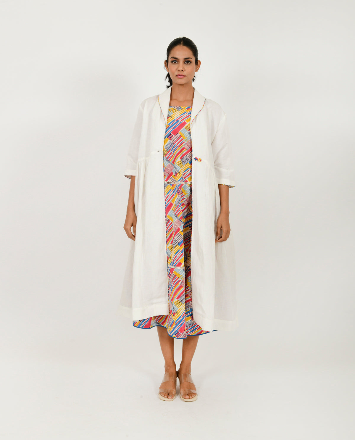 Block Printed Dress & White Jacket Set by Rias Jaipur with Block Prints, Casual Wear, Dress Sets, Linen Blend, Multicolor, Natural, Relaxed Fit, Scribble Prints, Womenswear, Yaadein, Yaadein by Rias Jaipur at Kamakhyaa for sustainable fashion