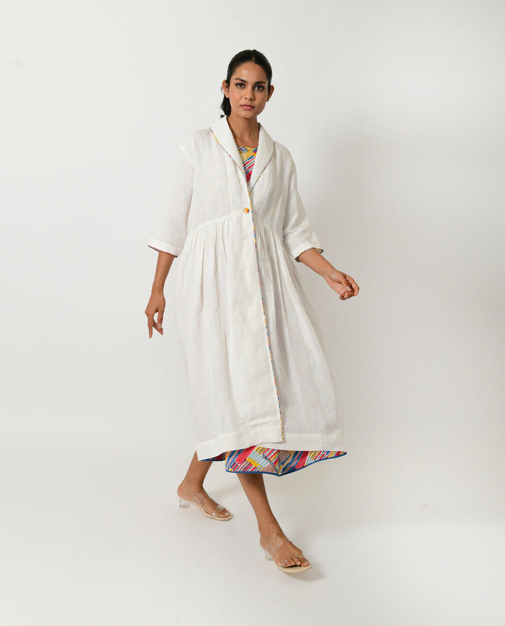 Block Printed Dress & White Jacket Set by Rias Jaipur with Block Prints, Casual Wear, Dress Sets, Linen Blend, Multicolor, Natural, Relaxed Fit, Scribble Prints, Womenswear, Yaadein, Yaadein by Rias Jaipur at Kamakhyaa for sustainable fashion