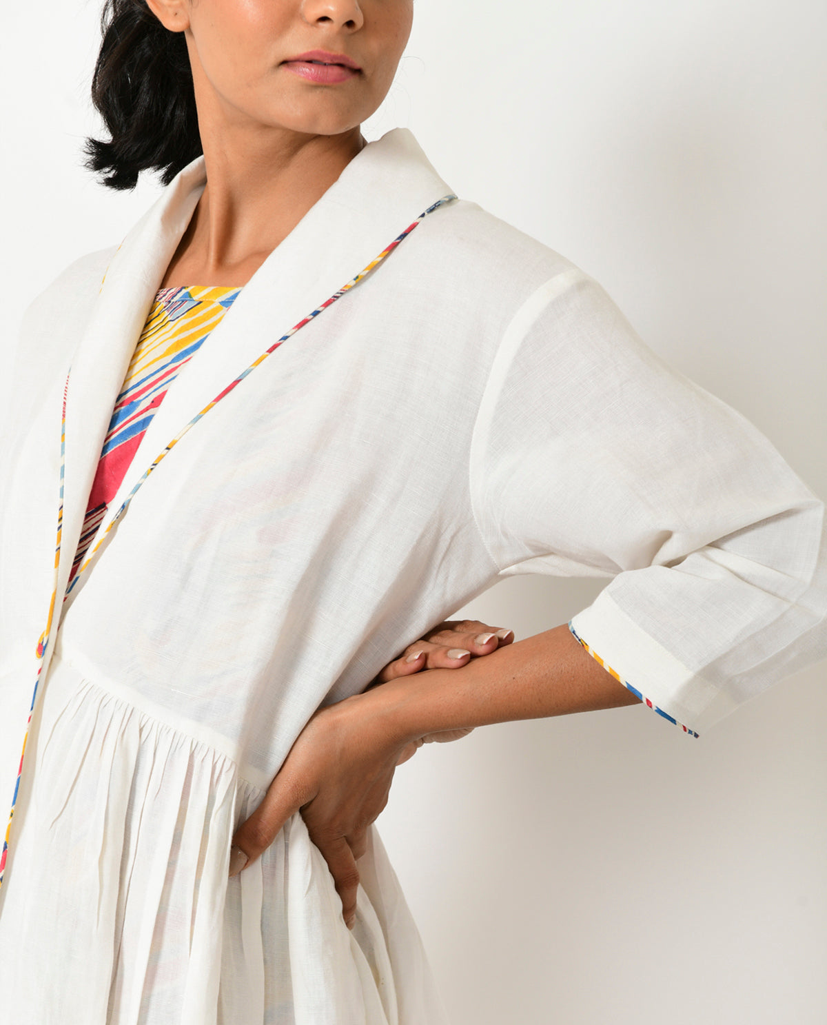 Block Printed Dress & White Jacket Set by Rias Jaipur with Block Prints, Casual Wear, Dress Sets, Linen Blend, Multicolor, Natural, Relaxed Fit, Scribble Prints, Womenswear, Yaadein, Yaadein by Rias Jaipur at Kamakhyaa for sustainable fashion