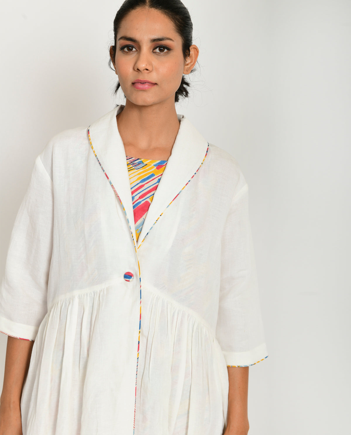 Block Printed Dress & White Jacket Set by Rias Jaipur with Block Prints, Casual Wear, Dress Sets, Linen Blend, Multicolor, Natural, Relaxed Fit, Scribble Prints, Womenswear, Yaadein, Yaadein by Rias Jaipur at Kamakhyaa for sustainable fashion