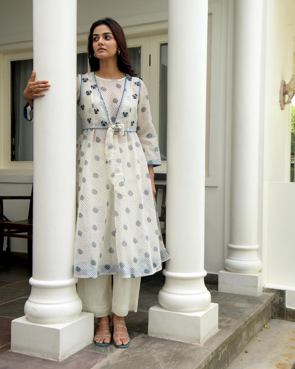 White Printed Cotton Midi Dress With Jacket by Taro with Co-ord Sets, Dress Sets, Evening Wear, Gulzar by Taro, Handwoven cotton, Indo-Western, Jackets, July Sale, July Sale 2023, Natural, Prints, Regular Fit, White, Womenswear at Kamakhyaa for sustainable fashion