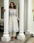 White Printed Cotton Midi Dress With Jacket by Taro with Co-ord Sets, Dress Sets, Evening Wear, Gulzar by Taro, Handwoven cotton, Indo-Western, Jackets, July Sale, July Sale 2023, Natural, Prints, Regular Fit, White, Womenswear at Kamakhyaa for sustainable fashion