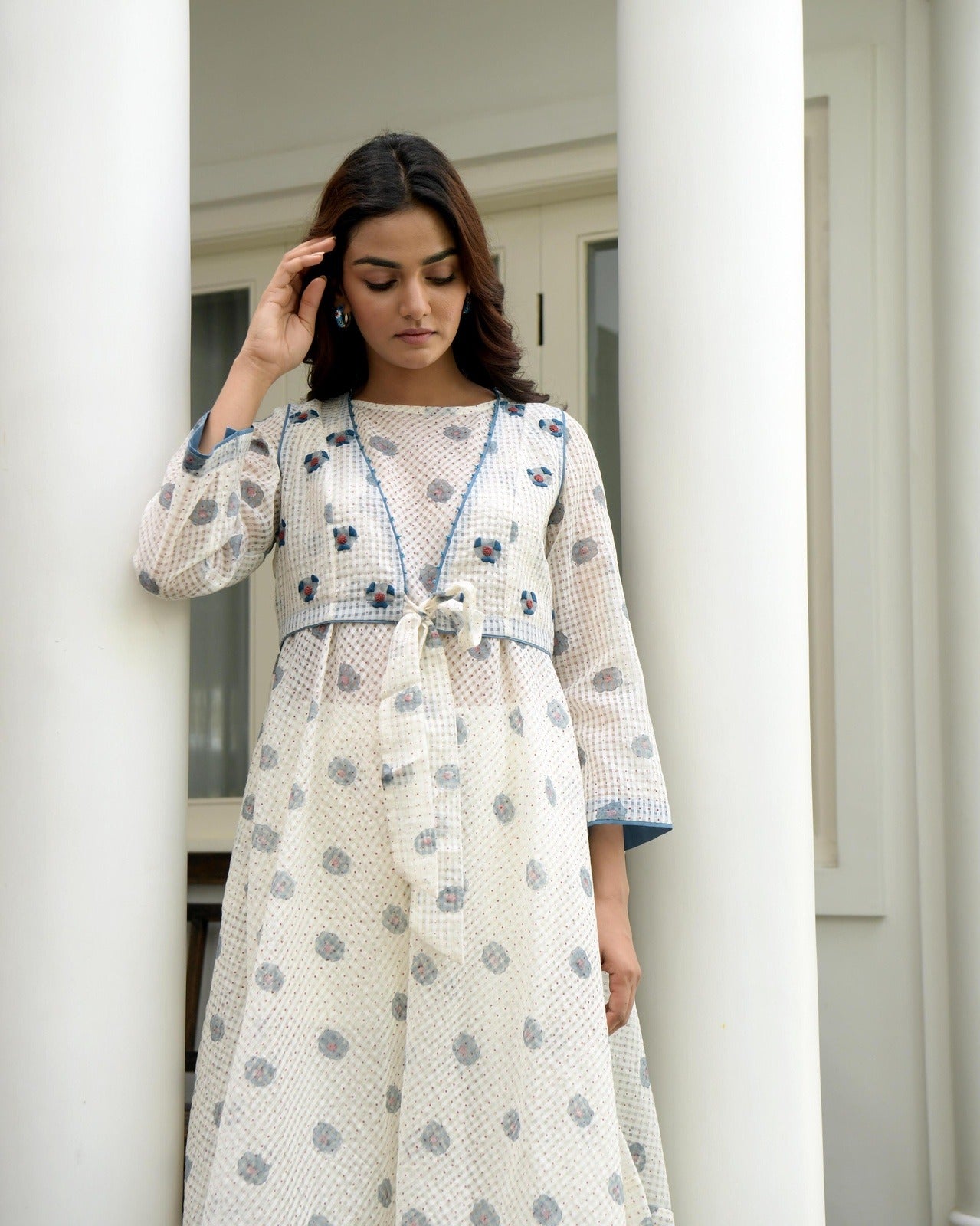White Printed Cotton Midi Dress With Jacket by Taro with Co-ord Sets, Dress Sets, Evening Wear, Gulzar by Taro, Handwoven cotton, Indo-Western, Jackets, July Sale, July Sale 2023, Natural, Prints, Regular Fit, White, Womenswear at Kamakhyaa for sustainable fashion