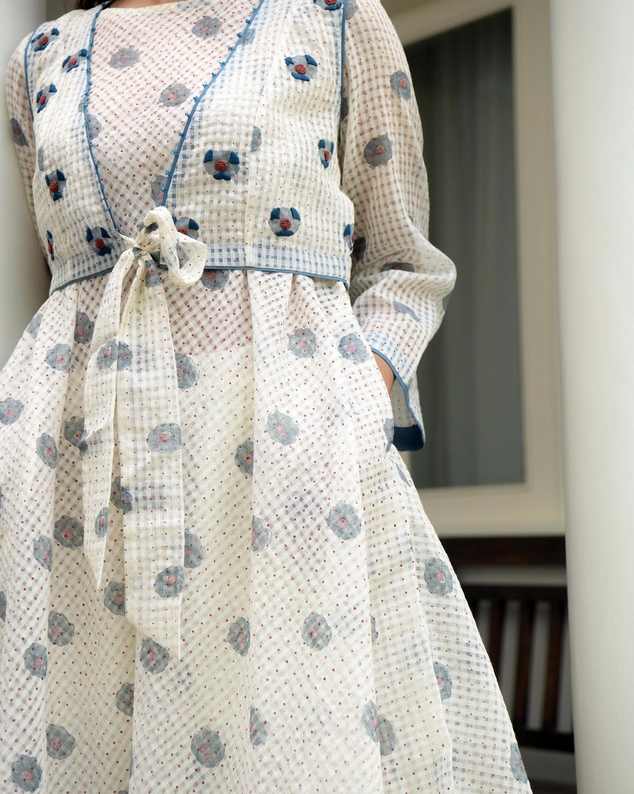 White Printed Cotton Midi Dress With Jacket by Taro with Co-ord Sets, Dress Sets, Evening Wear, Gulzar by Taro, Handwoven cotton, Indo-Western, Jackets, July Sale, July Sale 2023, Natural, Prints, Regular Fit, White, Womenswear at Kamakhyaa for sustainable fashion