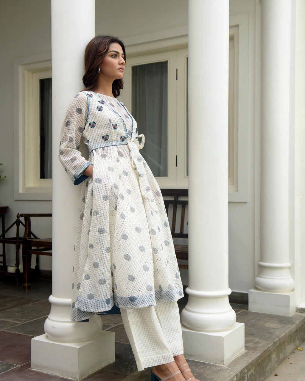 White Printed Cotton Midi Dress With Jacket by Taro with Co-ord Sets, Dress Sets, Evening Wear, Gulzar by Taro, Handwoven cotton, Indo-Western, Jackets, July Sale, July Sale 2023, Natural, Prints, Regular Fit, White, Womenswear at Kamakhyaa for sustainable fashion