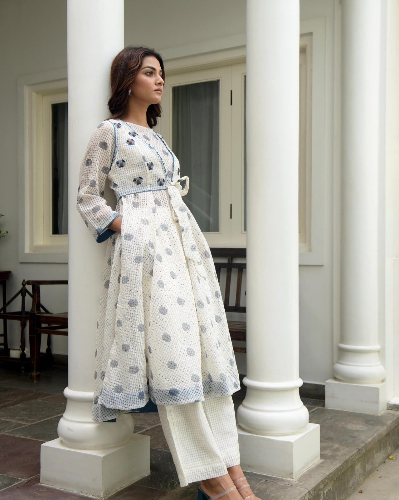 White Printed Cotton Midi Dress With Jacket by Taro with Co-ord Sets, Dress Sets, Evening Wear, Gulzar by Taro, Handwoven cotton, Indo-Western, Jackets, July Sale, July Sale 2023, Natural, Prints, Regular Fit, White, Womenswear at Kamakhyaa for sustainable fashion