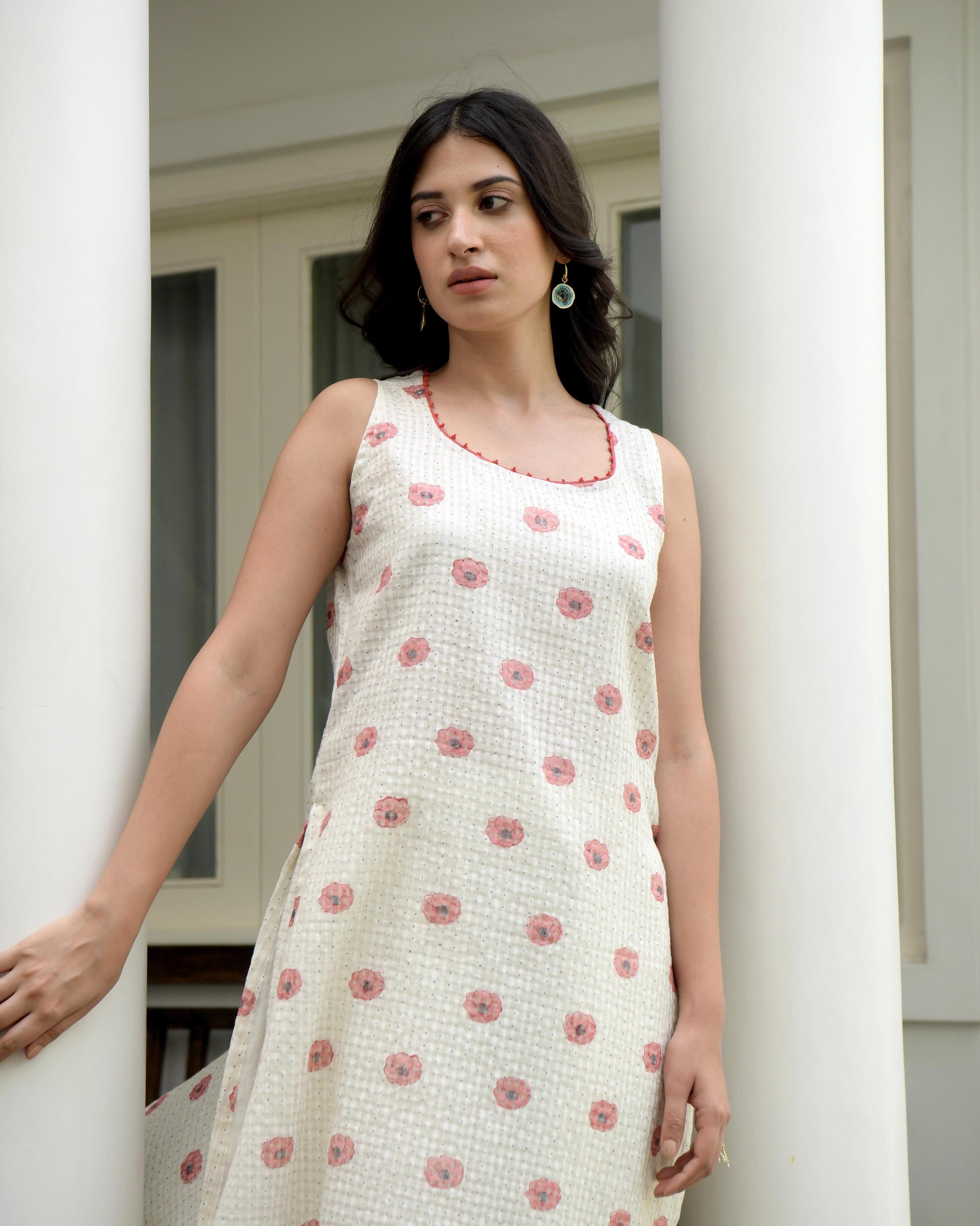 White Sleeveless Printed Cotton Midi Dress by Taro with Evening Wear, Gulzar by Taro, Handwoven Cotton, Indian Wear, July Sale, July Sale 2023, Kurtas, Natural, Prints, Regular Fit, White, Womenswear at Kamakhyaa for sustainable fashion