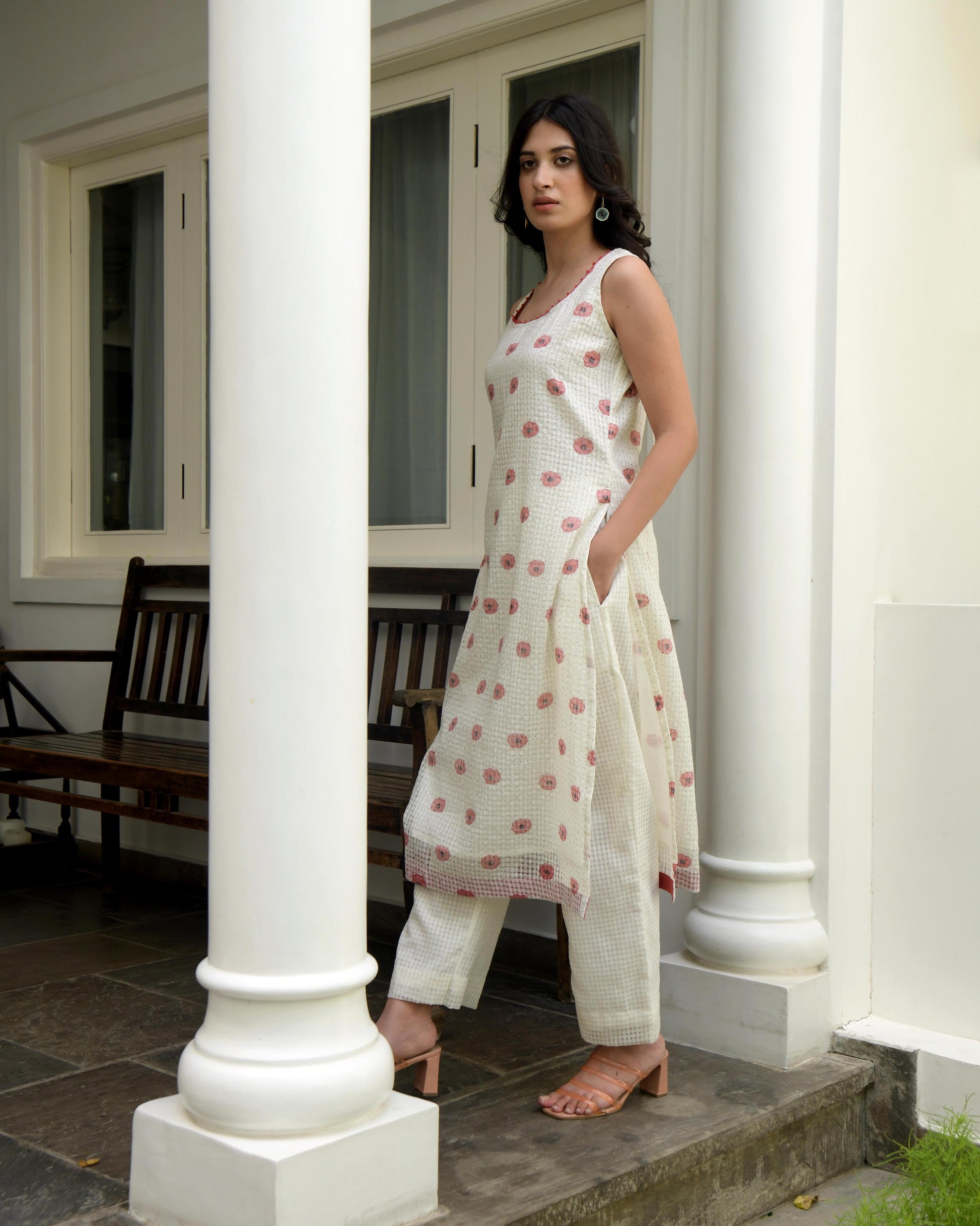 White Sleeveless Printed Cotton Midi Dress by Taro with Evening Wear, Gulzar by Taro, Handwoven Cotton, Indian Wear, July Sale, July Sale 2023, Kurtas, Natural, Prints, Regular Fit, White, Womenswear at Kamakhyaa for sustainable fashion