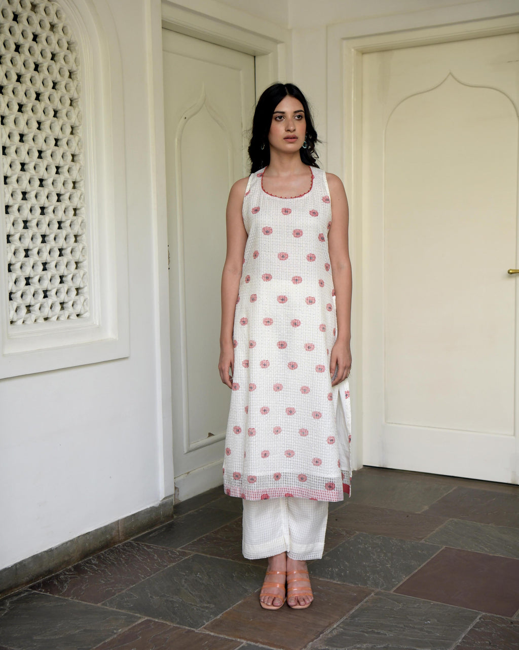 White Sleeveless Printed Cotton Midi Dress by Taro with Evening Wear, Gulzar by Taro, Handwoven Cotton, Indian Wear, July Sale, July Sale 2023, Kurtas, Natural, Prints, Regular Fit, White, Womenswear at Kamakhyaa for sustainable fashion