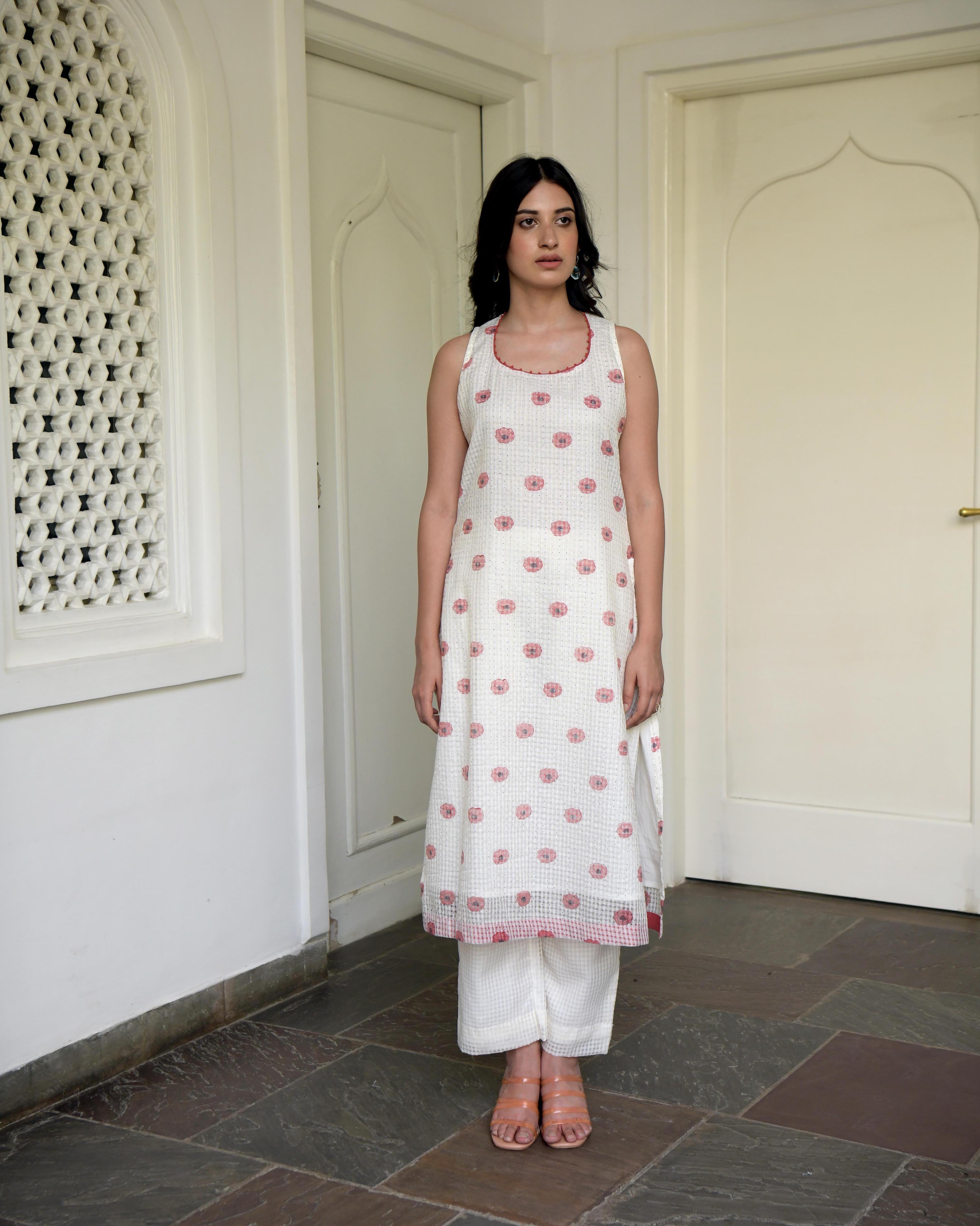 White Sleeveless Printed Cotton Midi Dress by Taro with Evening Wear, Gulzar by Taro, Handwoven Cotton, Indian Wear, July Sale, July Sale 2023, Kurtas, Natural, Prints, Regular Fit, White, Womenswear at Kamakhyaa for sustainable fashion