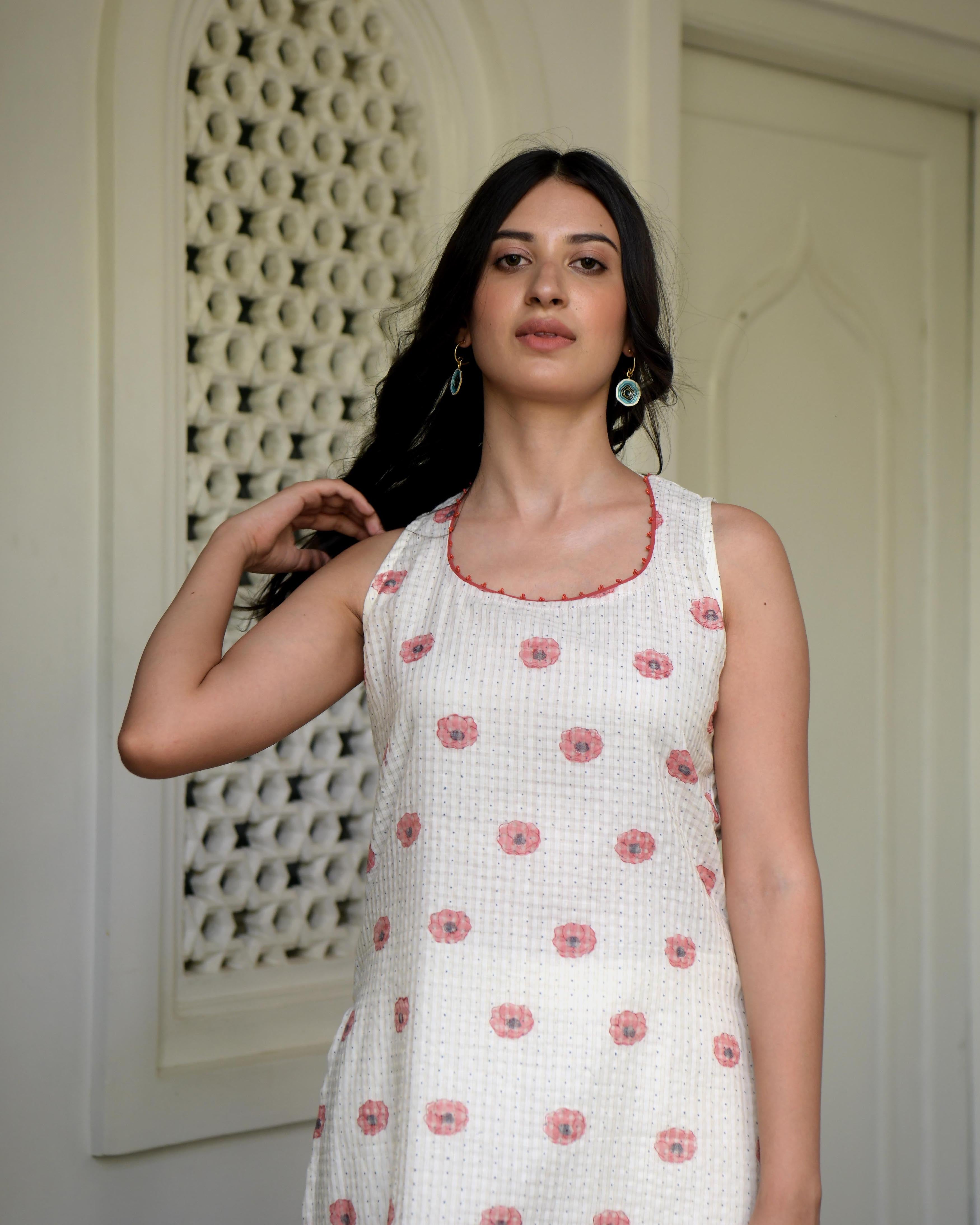 White Sleeveless Printed Cotton Midi Dress by Taro with Evening Wear, Gulzar by Taro, Handwoven Cotton, Indian Wear, July Sale, July Sale 2023, Kurtas, Natural, Prints, Regular Fit, White, Womenswear at Kamakhyaa for sustainable fashion