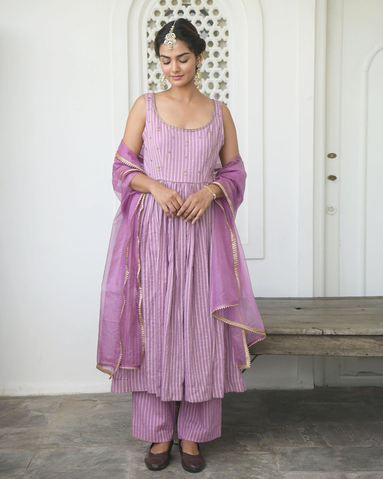 Lavender Cotton Kurta Set With Dupatta by Taro with Evening Wear, Handwoven cotton, Indian Wear, July Sale, July Sale 2023, Kurta Pant Sets, Kurta Set With Dupatta, Natural, Purple, Regular Fit, Sequin work, Sitara by Taro, Wedding Gifts, Womenswear at Kamakhyaa for sustainable fashion