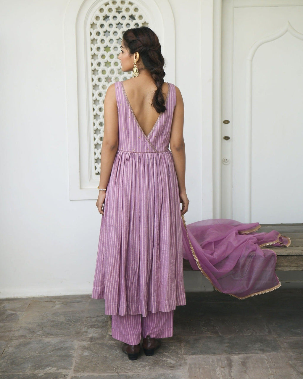 Lavender Cotton Kurta Set With Dupatta by Taro with Evening Wear, Handwoven cotton, Indian Wear, July Sale, July Sale 2023, Kurta Pant Sets, Kurta Set With Dupatta, Natural, Purple, Regular Fit, Sequin work, Sitara by Taro, Wedding Gifts, Womenswear at Kamakhyaa for sustainable fashion