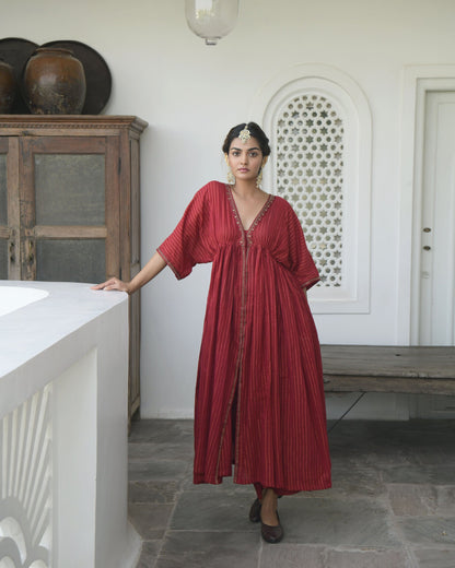 Red Embroidered Kaftan Set by Taro with Best Selling, Co-ord Sets, Evening Wear, FB ADS JUNE, July Sale, July Sale 2023, Kaftan Set, Natural, party, Party Wear Co-ords, Red, Regular Fit, Sitara by Taro, Textured, Womenswear at Kamakhyaa for sustainable fashion