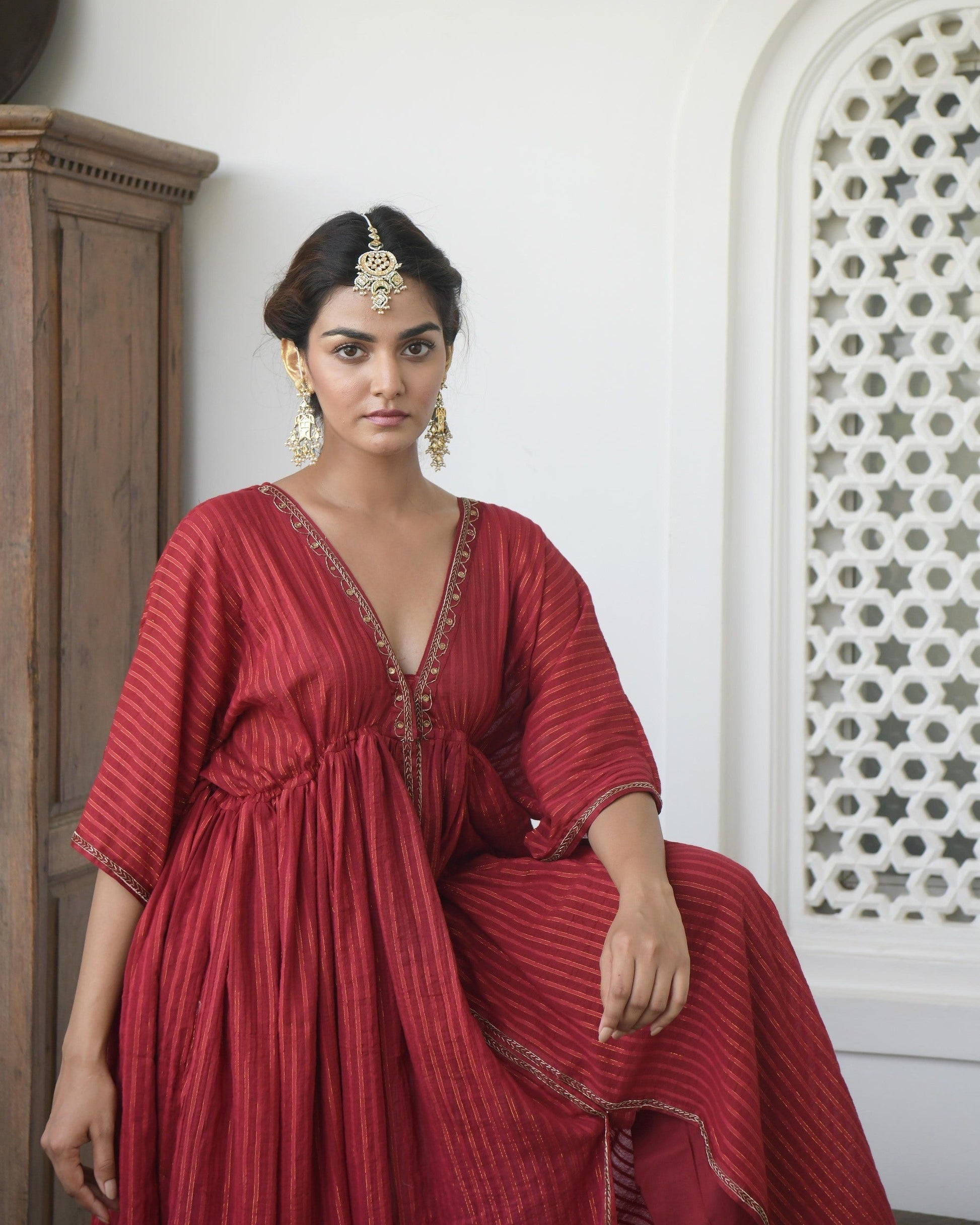 Red Embroidered Kaftan Set by Taro with Best Selling, Co-ord Sets, Evening Wear, FB ADS JUNE, July Sale, July Sale 2023, Kaftan Set, Natural, party, Party Wear Co-ords, Red, Regular Fit, Sitara by Taro, Textured, Womenswear at Kamakhyaa for sustainable fashion