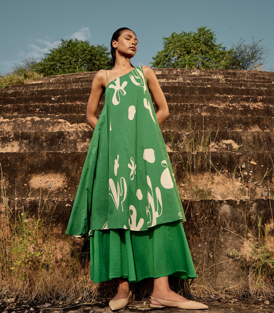 Green One Shoulder Dress by Khara Kapas with Birdsong, Birdsong by Khara Kapas, Casual Wear, comfort fashion, cotton, Green, handcrafted, handmade, kharakapas, One Shoulder Dresses, Prints, pure cotton, Womenswear at Kamakhyaa for sustainable fashion
