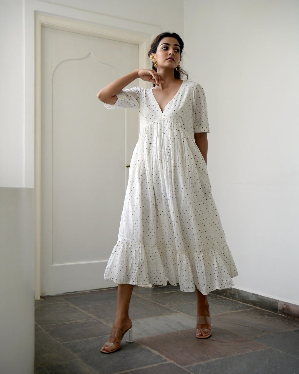 White Cotton Midi Dress by Taro with Best Selling, Evening Wear, FB ADS JUNE, Handwoven cotton, Indo-Western, July Sale, July Sale 2023, Kurtas, Midi Dresses, Natural, Prints, Regular Fit, Tiered Dresses, White, Wildflower by Taro, Womenswear at Kamakhyaa for sustainable fashion