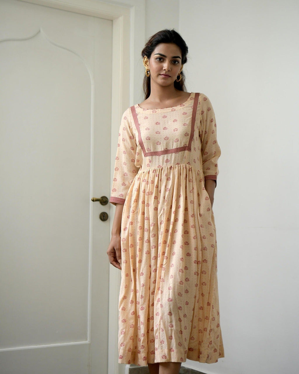 Brown Silk Printed Midi Dress by Taro with Brown, Evening Wear, fall, Gulzar by Taro, July Sale, July Sale 2023, Midi Dresses, Modal Silk, Natural, Prints, Regular Fit, Womenswear at Kamakhyaa for sustainable fashion