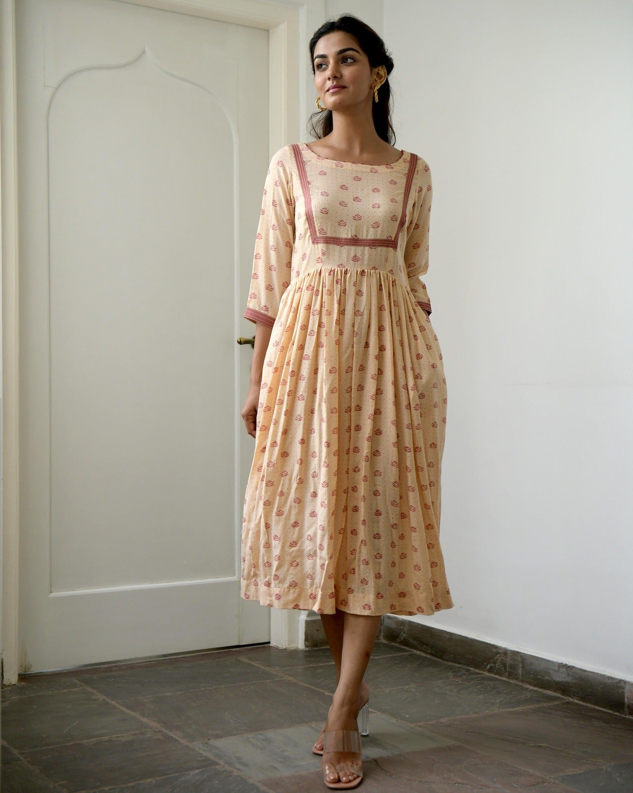 Brown Silk Printed Midi Dress Dresses Brown, Gulzar Taro, Modal Silk, Natural, Prints, Regular Fit Taro Kamakhyaa