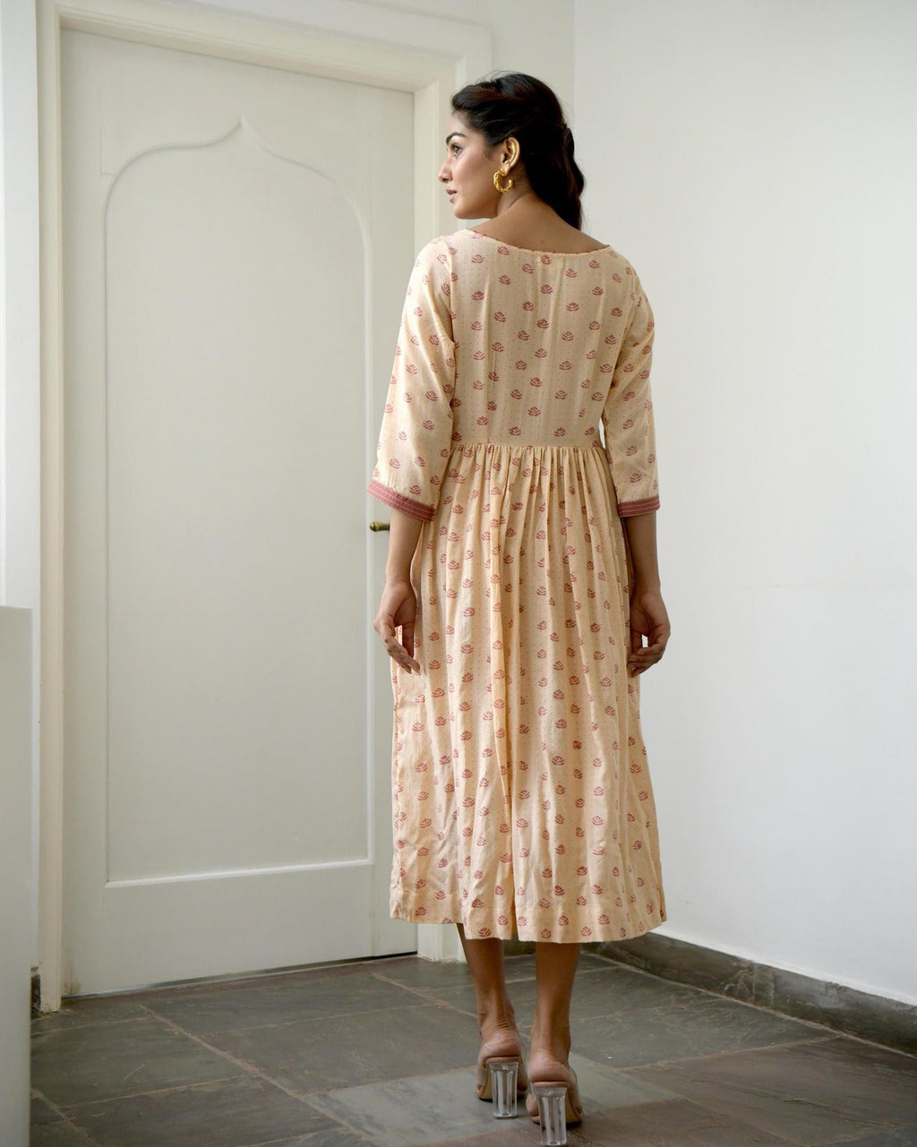 Brown Silk Printed Midi Dress by Taro with Brown, Evening Wear, fall, Gulzar by Taro, July Sale, July Sale 2023, Midi Dresses, Modal Silk, Natural, Prints, Regular Fit, Womenswear at Kamakhyaa for sustainable fashion